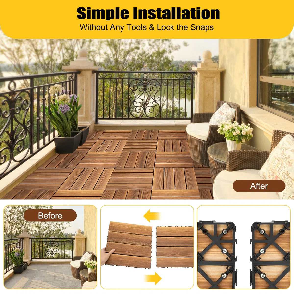 Decking de WPC de 30 x 30 cm, juego de 36 azulejos de clic en imitación de madera, suelo resistente a la intemperie para balcón y terraza, azulejos con función de drenaje, color marrón