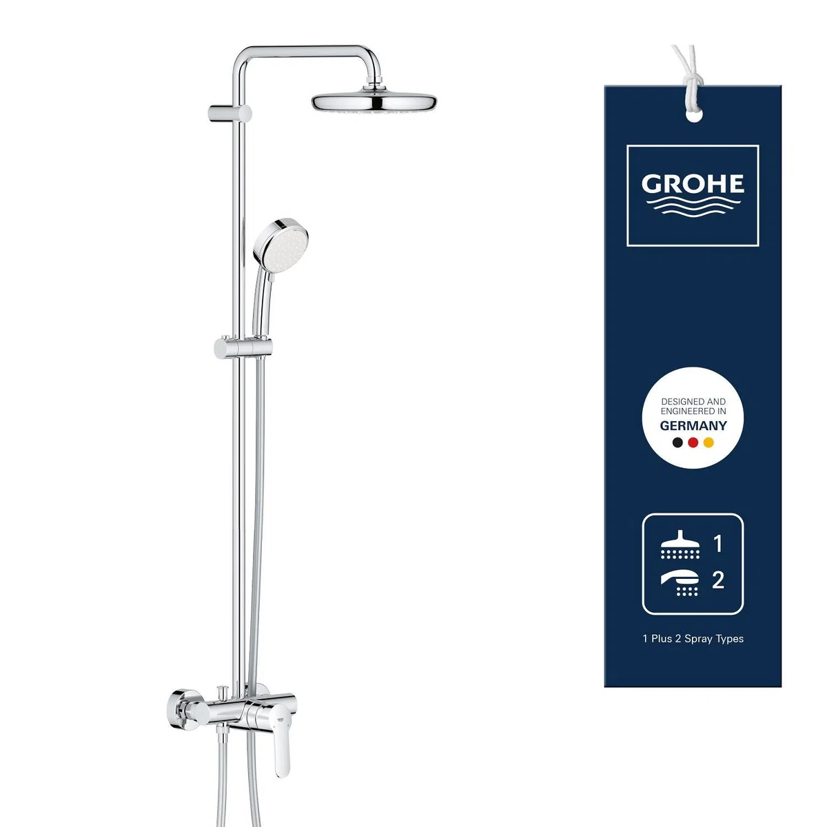 GROHE Tempesta Cosmopolitan 210 - Columna de ducha con monomando (montaje en pared, brazo de ducha de 390 mm, altura ajustable, sistema antical), cromo, 26224001