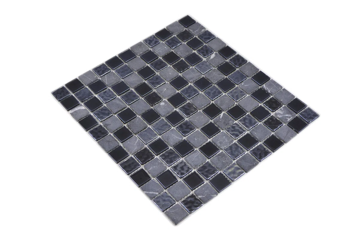 Azulejo de mosaico de cristal gris y negro, para pared, baño, ducha, cocina, tamaño de la alfombra: 327 x 302 = 0,10 m², tamaño de la piedra: 25 x 25 x 4 mm, 1 alfombrilla