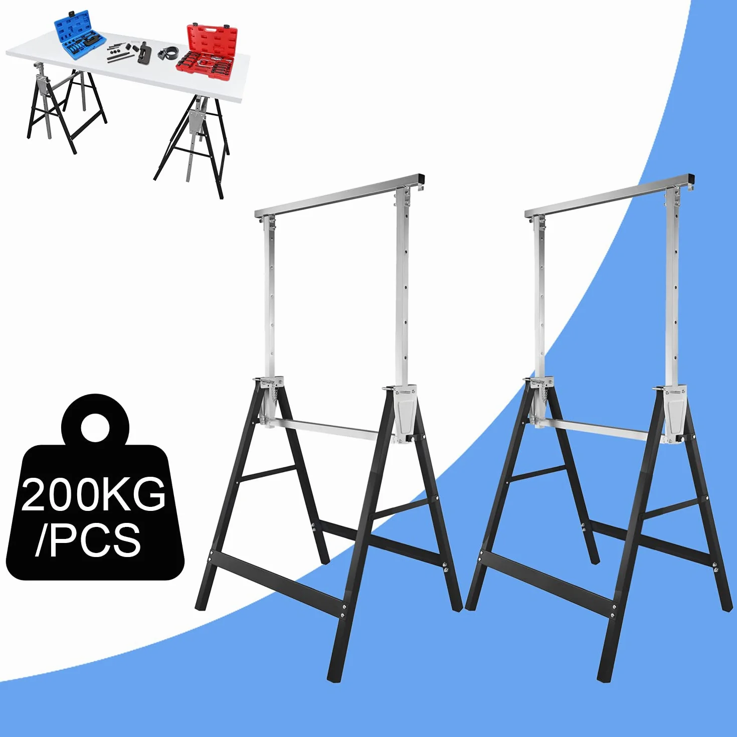 Juego de 2 caballetes de trabajo de altura ajustable, plegable, capacidad de carga de 200 kg, 7 posiciones de altura regulable de 80 a 130 cm, para aplicaciones versátiles