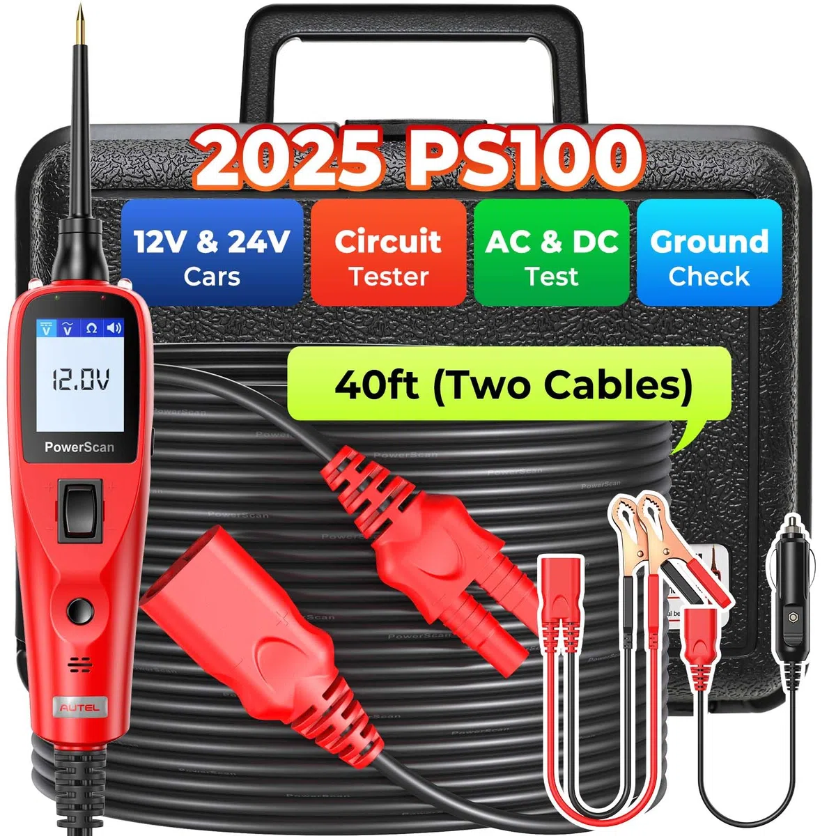 Autel® PowerScan PS100 Probador Circuitos, Pantalla LCD 12V-24V Sonda de Circuito, Detector Cortocircuito, Interruptor Abierto, Multímetro Digital, Prueba Resistencia Relés&Diodos, Verificación Tierra