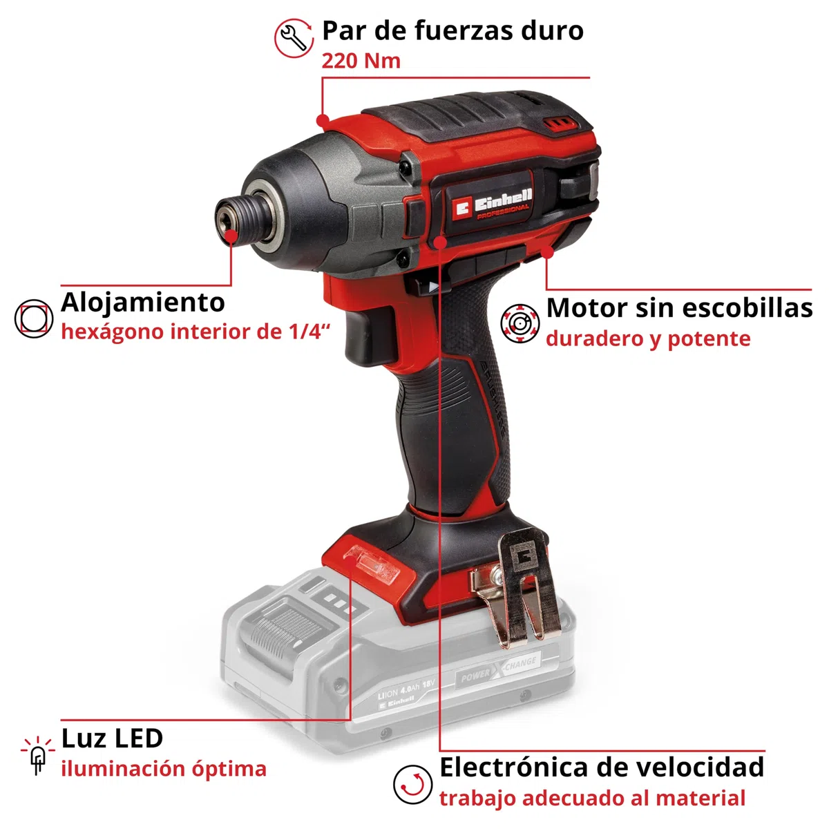 Einhell Professional Atornillador de impacto con batería TP-CI 18/220 Li BL-Solo Power X-Change (18 V, 220 Nm, sin escobillas, recepción hexagonal interior, regulación de velocidad, sin batería)