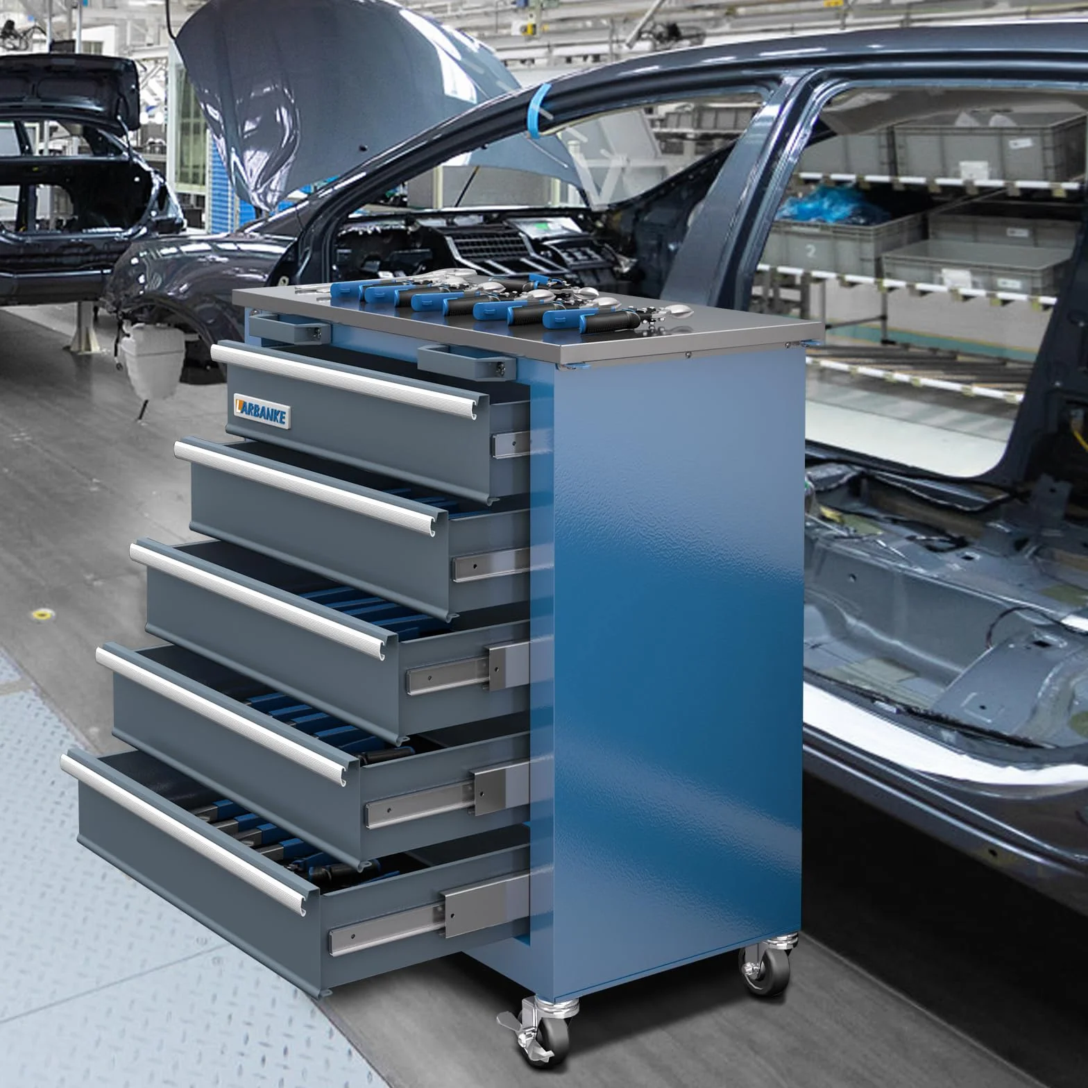 LARBANKE Gabinete de Herramientas de 5 cajones,Armario de Herramientas con Ruedas y Almohadillas para pies,Carro de Herramientas con Sistema de Bloqueo con Llave y Parte Superior de Acero Inoxidable