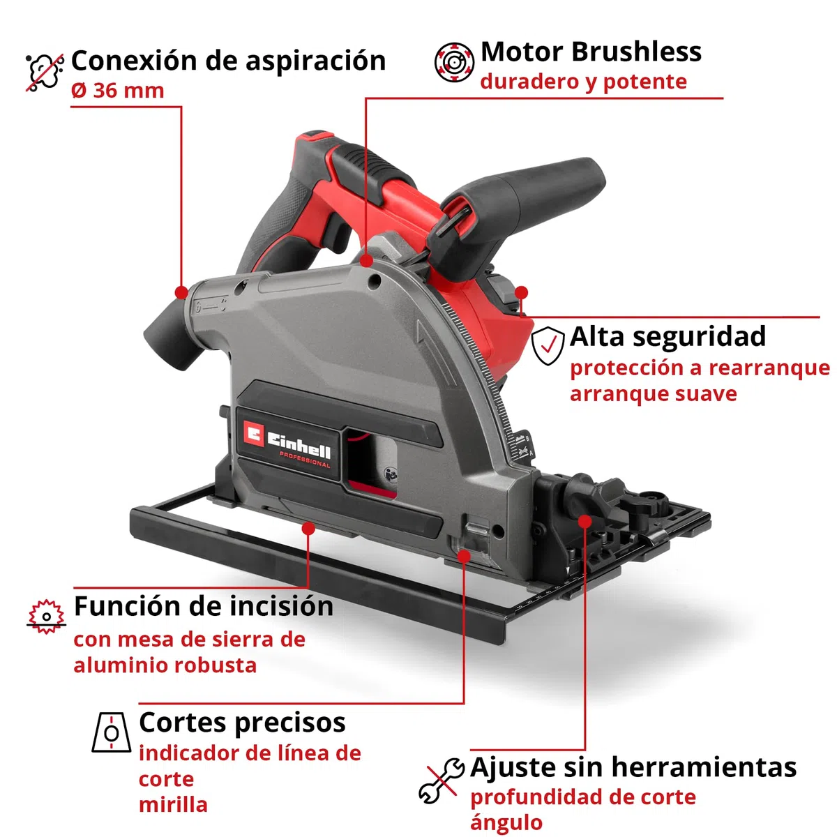 Sierra de incisión con batería TP-PS 18/165 Li BL-Solo Einhell Professional Power X-Change (18V, Ø 165 mm, hoja de sierra, Brushless, profundidad de corte 56 mm, ajuste sin herramientas, sin batería)