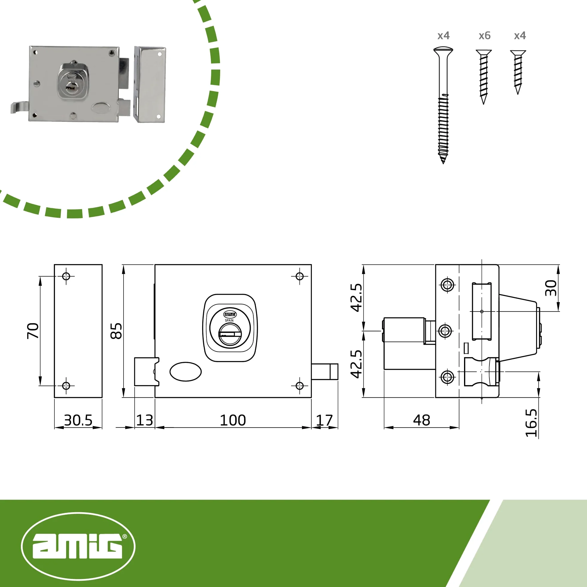 Amig - Cerradura de Sobreponer de Derecha con Palanca de Cierre, Lengüeta y Tirador para Puertas de Madera Mod. 73, 100 x 85 mm, Pestillo Con Cilindro Europerfil, Acero Plateado