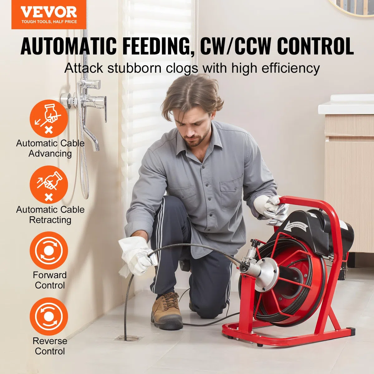 VEVOR Automático50FT 3/8IN 1700rpmAbierto Desbloqueador de Tuberías