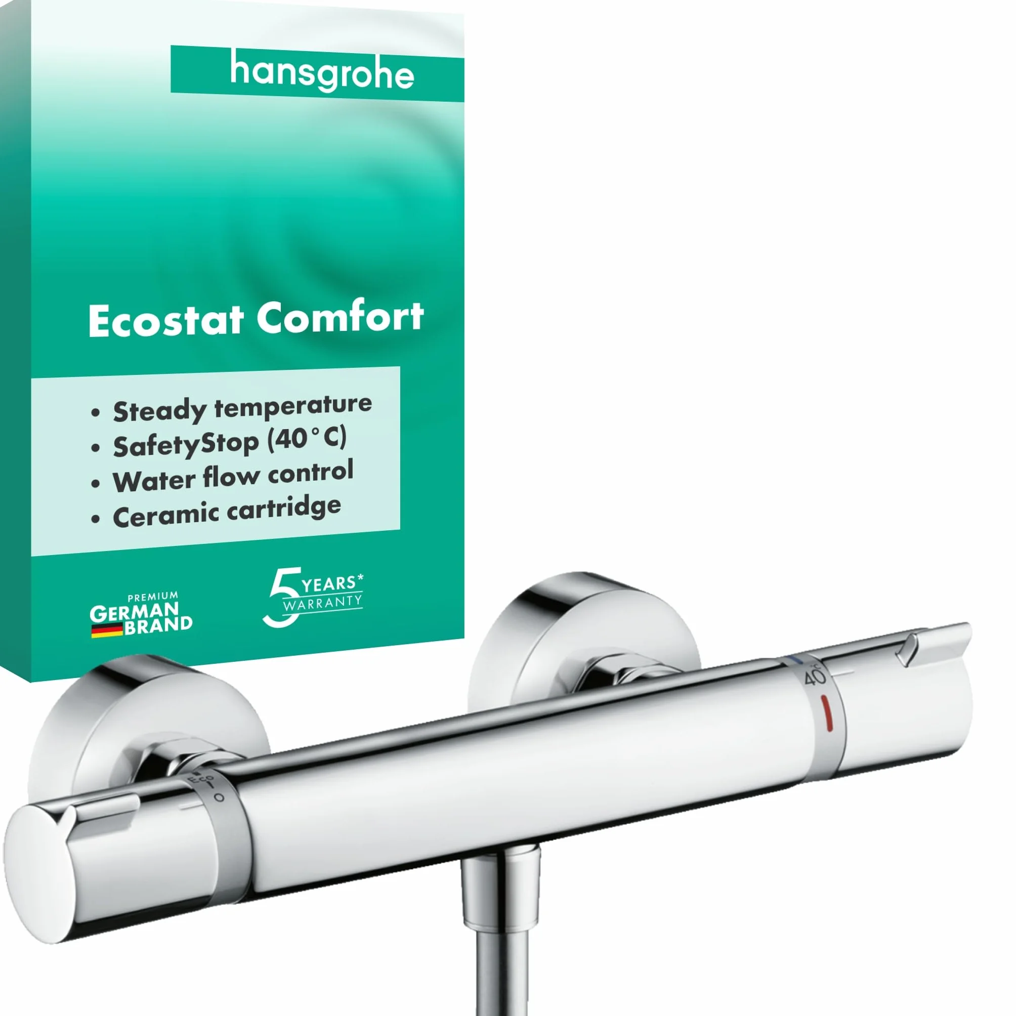 hansgrohe Ecostat Comfort - termostato para ducha visto , grifo ducha con botón de seguridad (SafetyStop) a 40 °C, termostato , mezclador para 1 función, cromo, 13116000