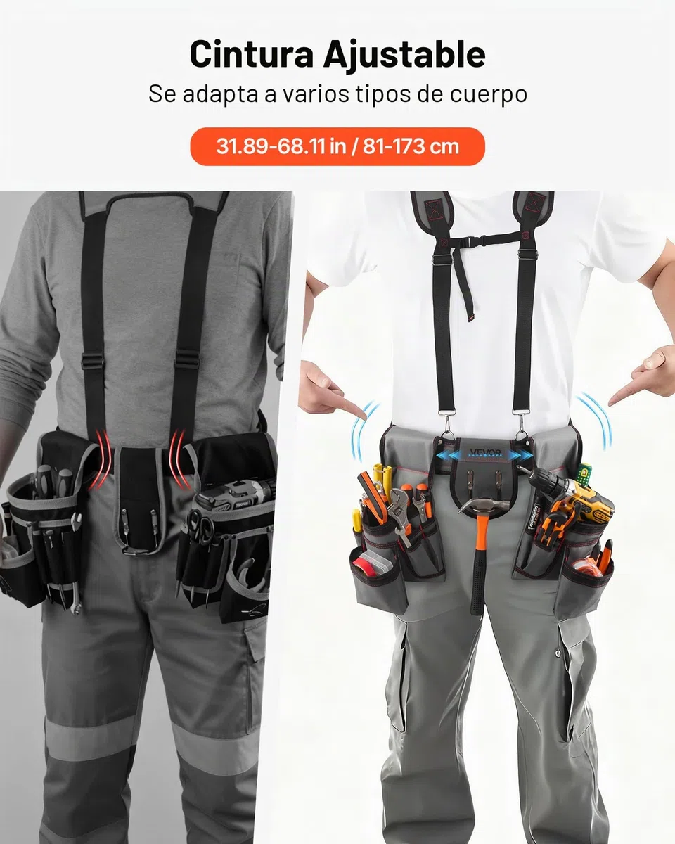 VEVOR Cinturón Portaherramientas para Profesionales, con 22 Bolsillos y Tirantes, Funda para Riñonera para Electricistas, Carpinteros y Obreros de la Construcción, Ajustable de 810 a 1730 mm