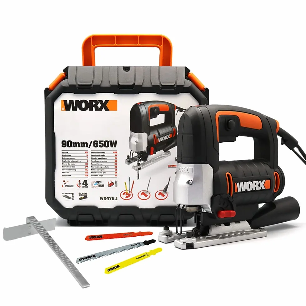 WORX WX478.1 Sierra de Calar 650W con Péndulo 4 Posiciones, Corte en Madera 90mm y Metal 8mm, Cambio Rápido Cuchilla, Soplador, Maletín Incluido