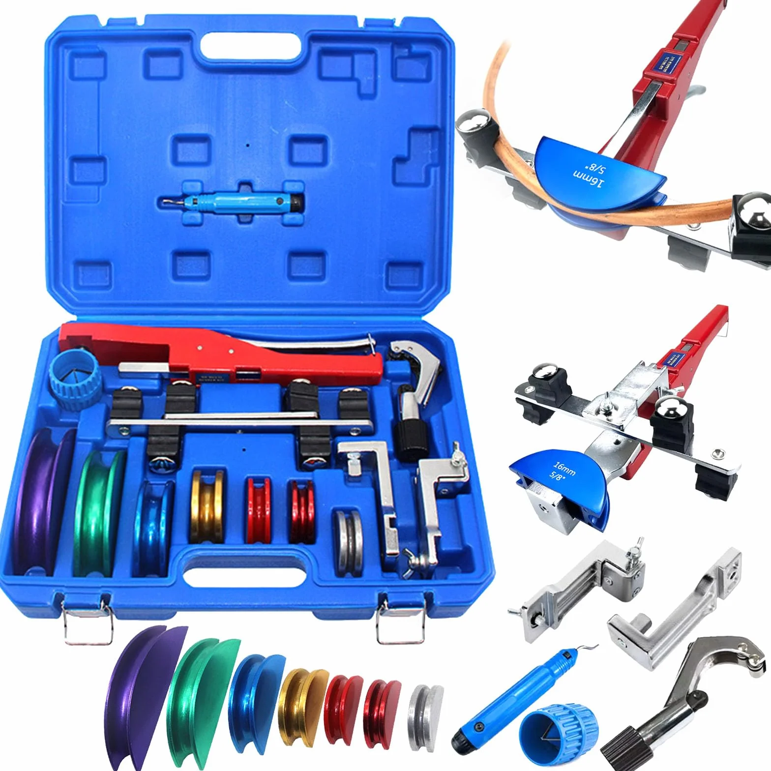Dobladora Tubos, Dobladora Tubos Con Trinquete 7 Troqueles Herramienta Para Doblar 6-22 Mm Juego Herramientas Para Doblar Tubos ángulo 1/4"-7/8" A 90 Para Tubos Cobre Aluminio Y Acero Con Estuche