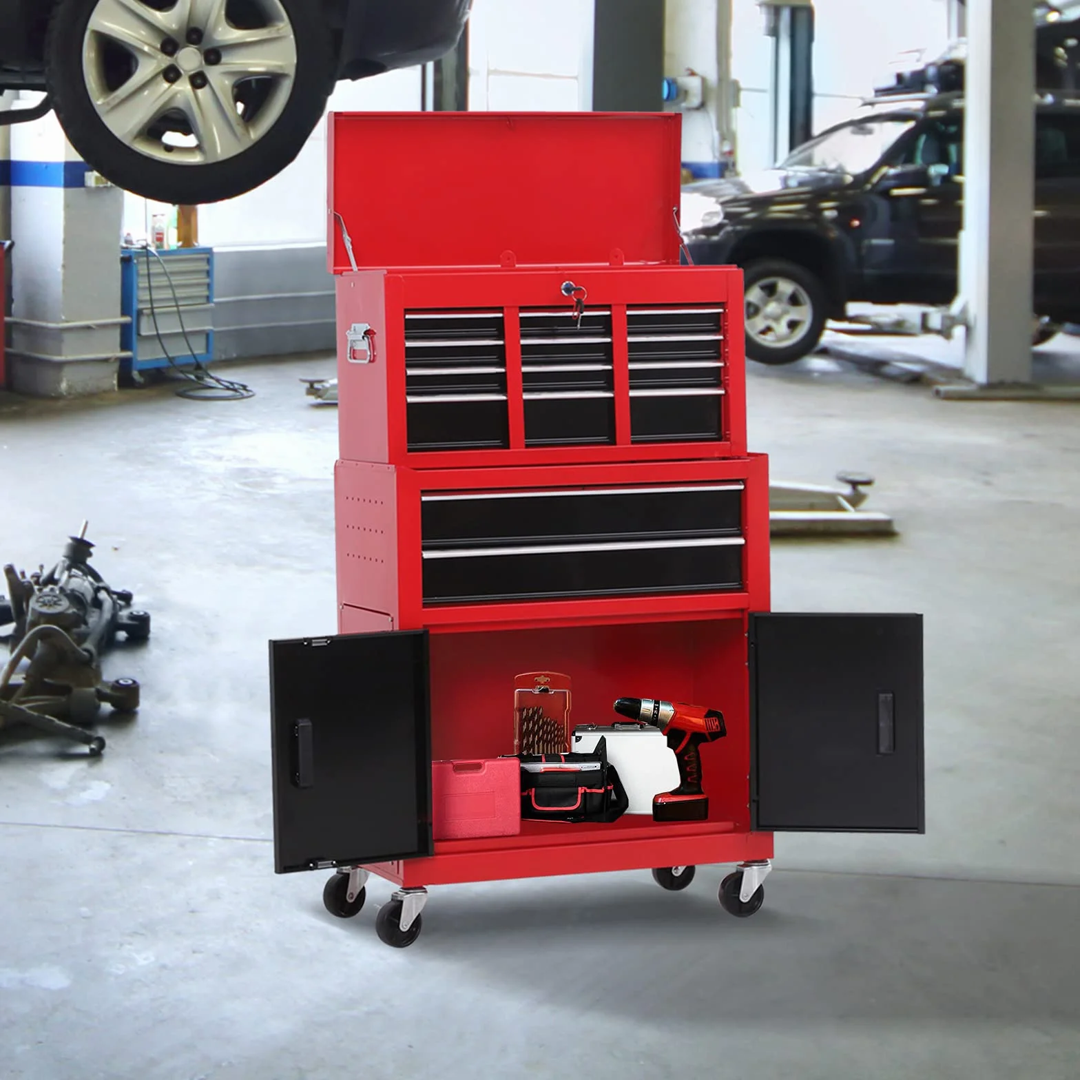 HOMCOM Carro de Herramientas con Baúl Superior, 2 en 1, Carro de Taller con 6 Cajones, Armario, Cerradura, 4 Ganchos, 2 Ruedas con Freno de Bloqueo, para Garaje, Hogar, Rojo