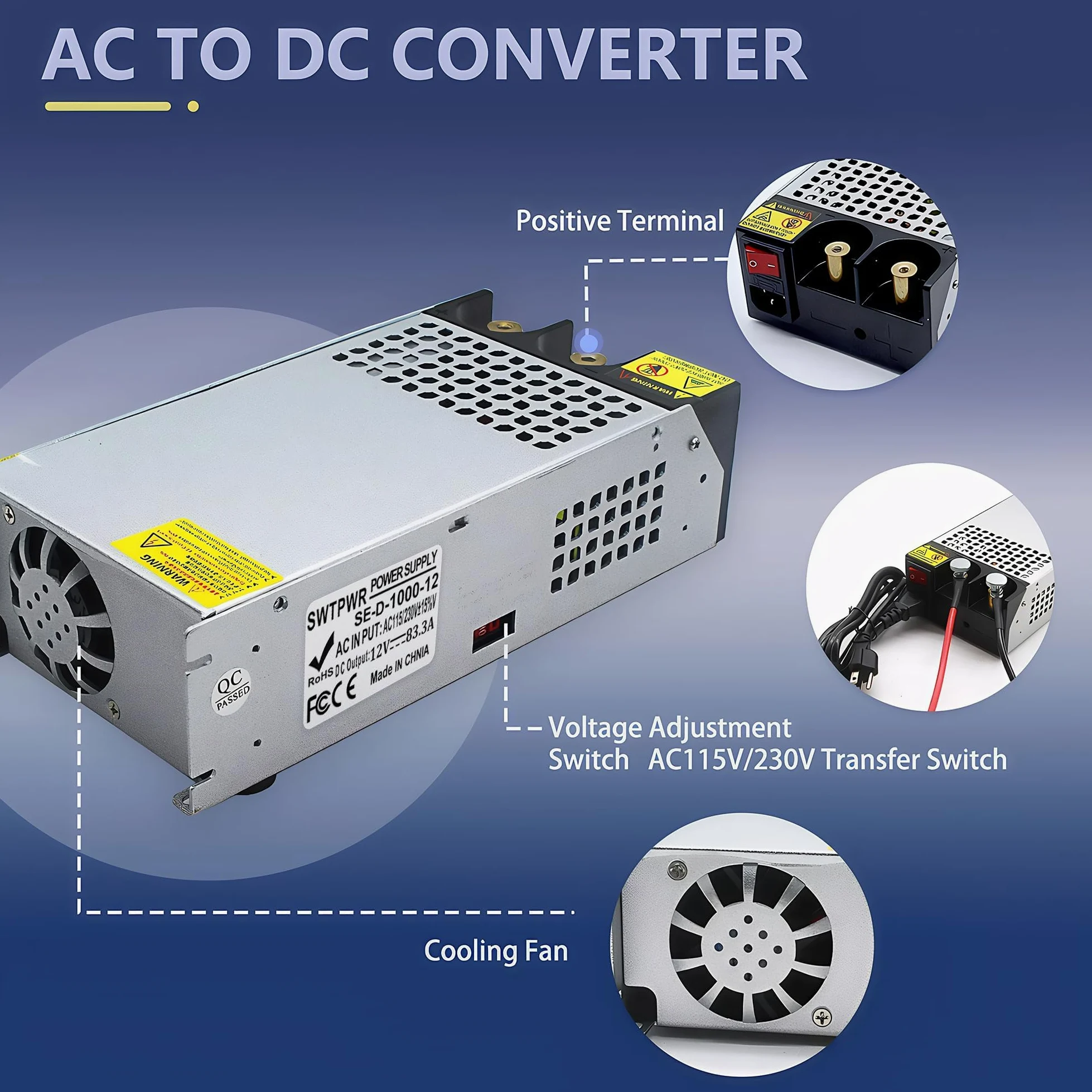 DC 12 V 83 A 1000 W Fuente de alimentación Transformador 230 V CA a CC 12 V 83 A Convertidor 1000 W Alimentación para 12 V Driver LED Motor Bomba Cámara Seguridad CCTV Radio SMPS 110 V/230 V