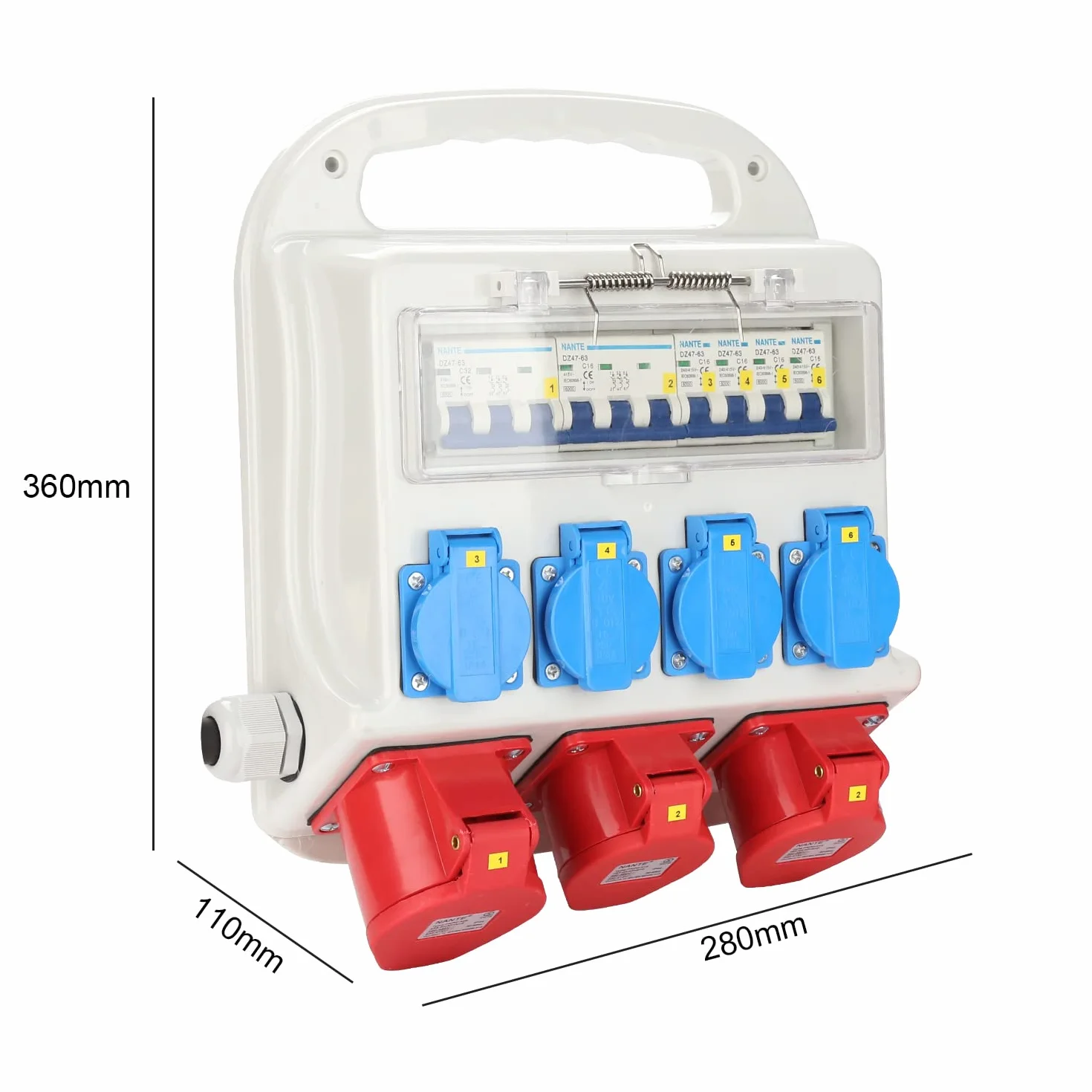 Distribuidor de pared, 2 x CEE 16A 400V+1 x CEE 32A 400V+4 x 230V Schuko IP44 Distribuidor de corriente de obra de 5 polos, cable de goma resistente alimentación, tomas de corriente