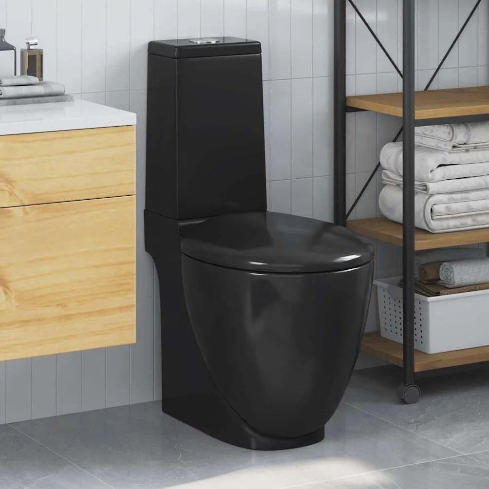 vidaXL Inodoro Cuadrado Cerámica Negro de Calidad Baño Tapa Asiento y Cisterna