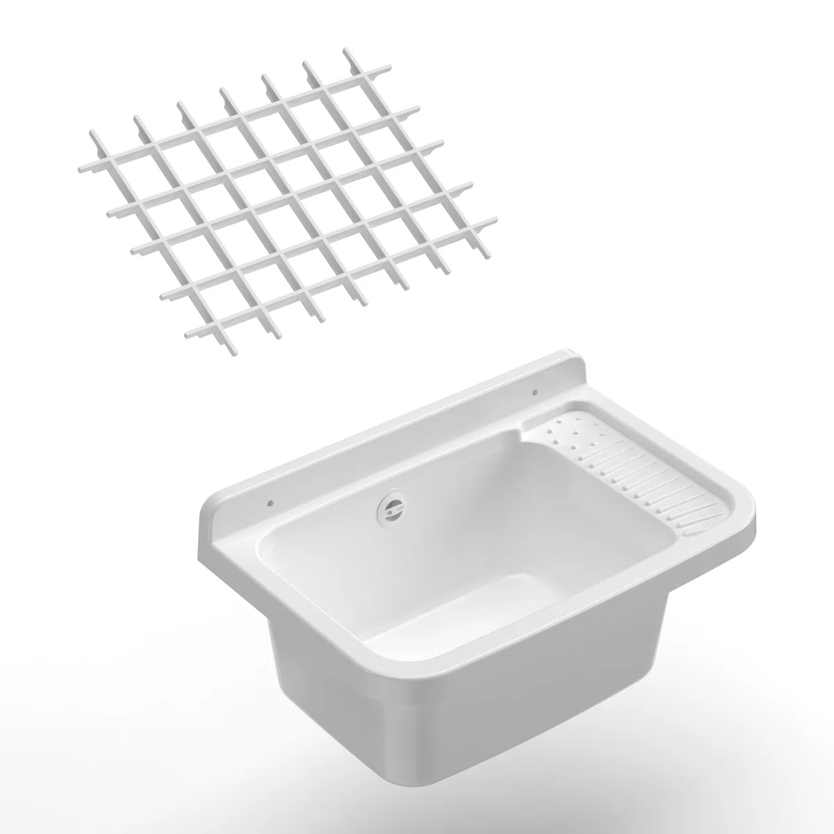 Adventa: Bañera de Resina de Polipropileno con Rejilla, fijación a la Pared, con sifón y desagüe, Resistente a los ácidos de Uso común, lavadero, Garaje, Exterior, 50 L x 35 P x 24 H cm, Blanco