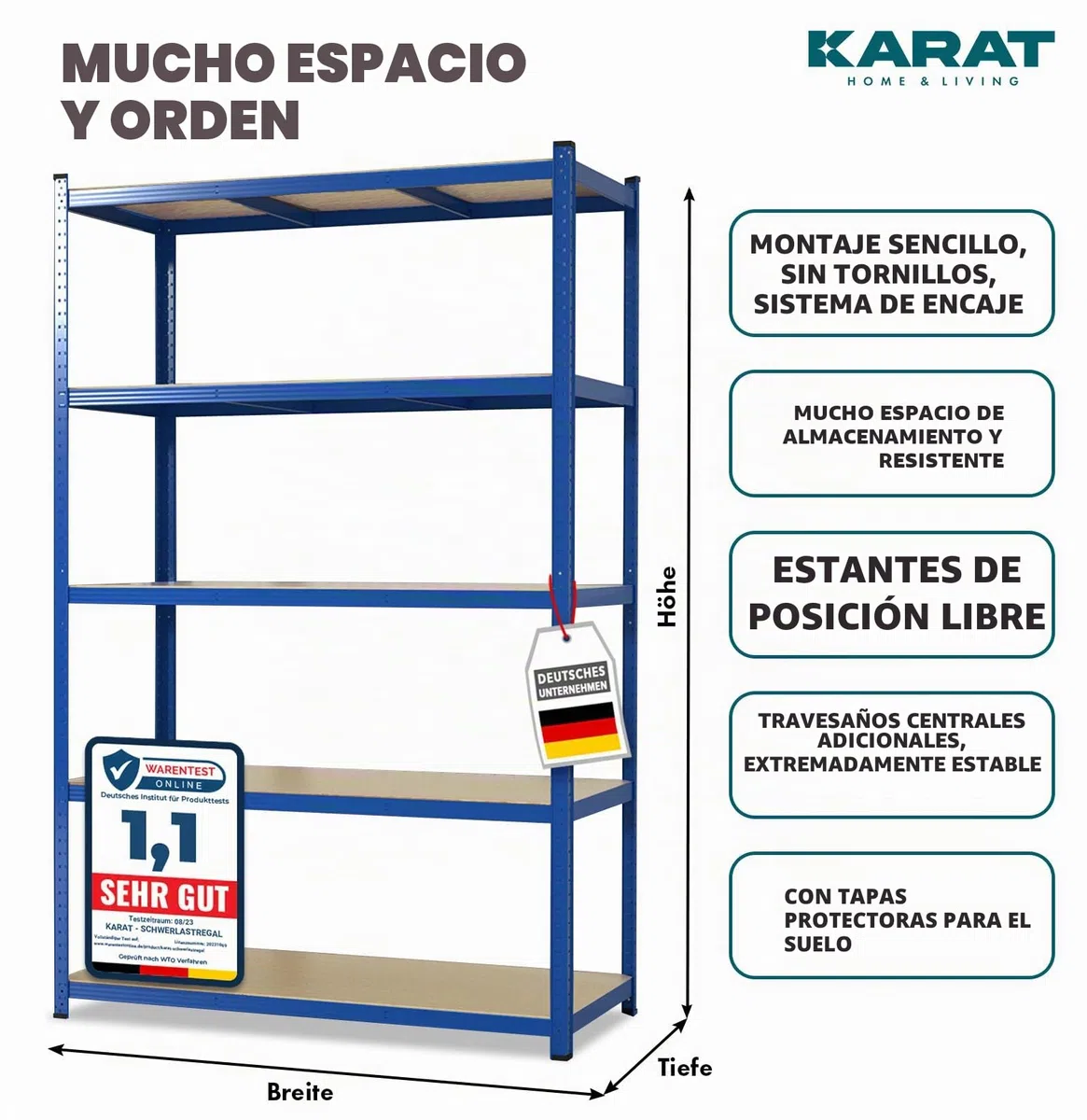 Karat Estantería para Cargas Pesadas, 180 x 90 x 60 cm, sin Tornillos, para sótano, de Metal, de Acero, 5 estantes Ajustables (Azul)