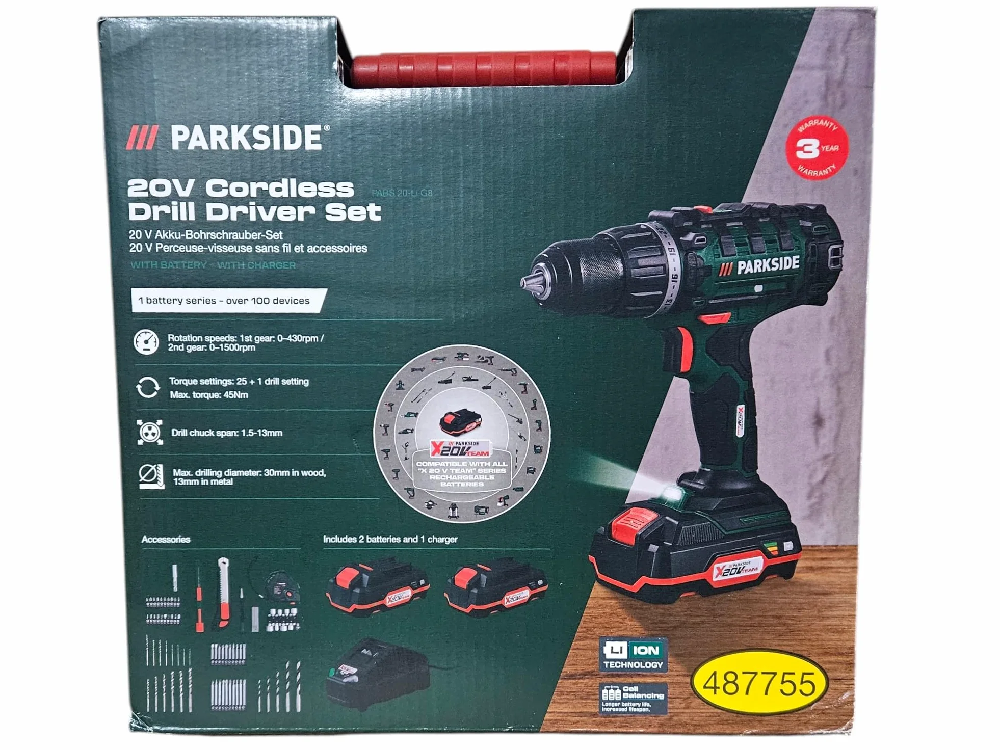Taladro atornillador inalámbrico X20V PABS 20-Li, con 2 baterías de iones de litio, accesorios 73 piezas
