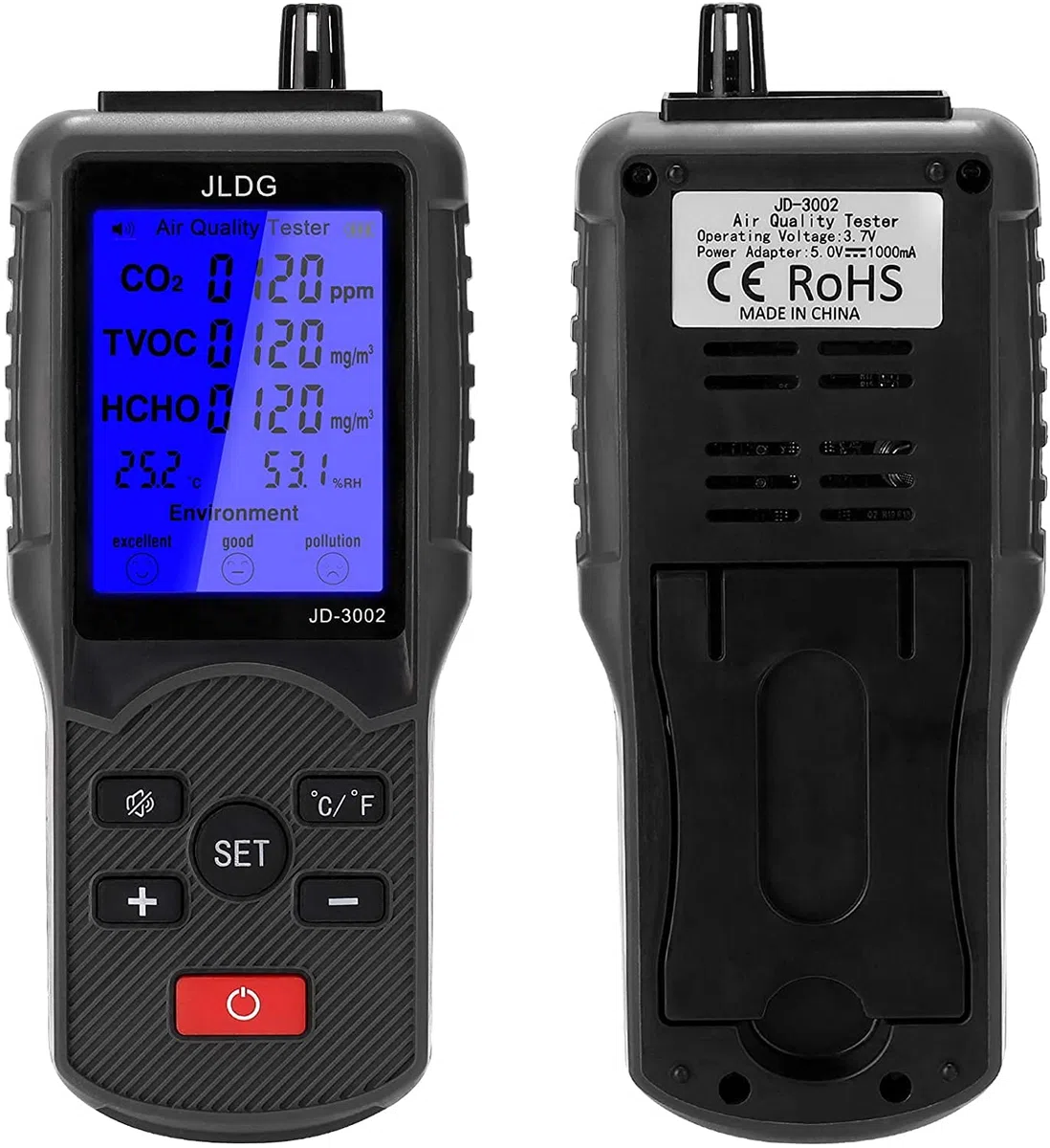 Medidor CO2 PHASAK JD 3002 8 en 1 Negro, Multicolor, Standard, Porta merienda 3D Strong