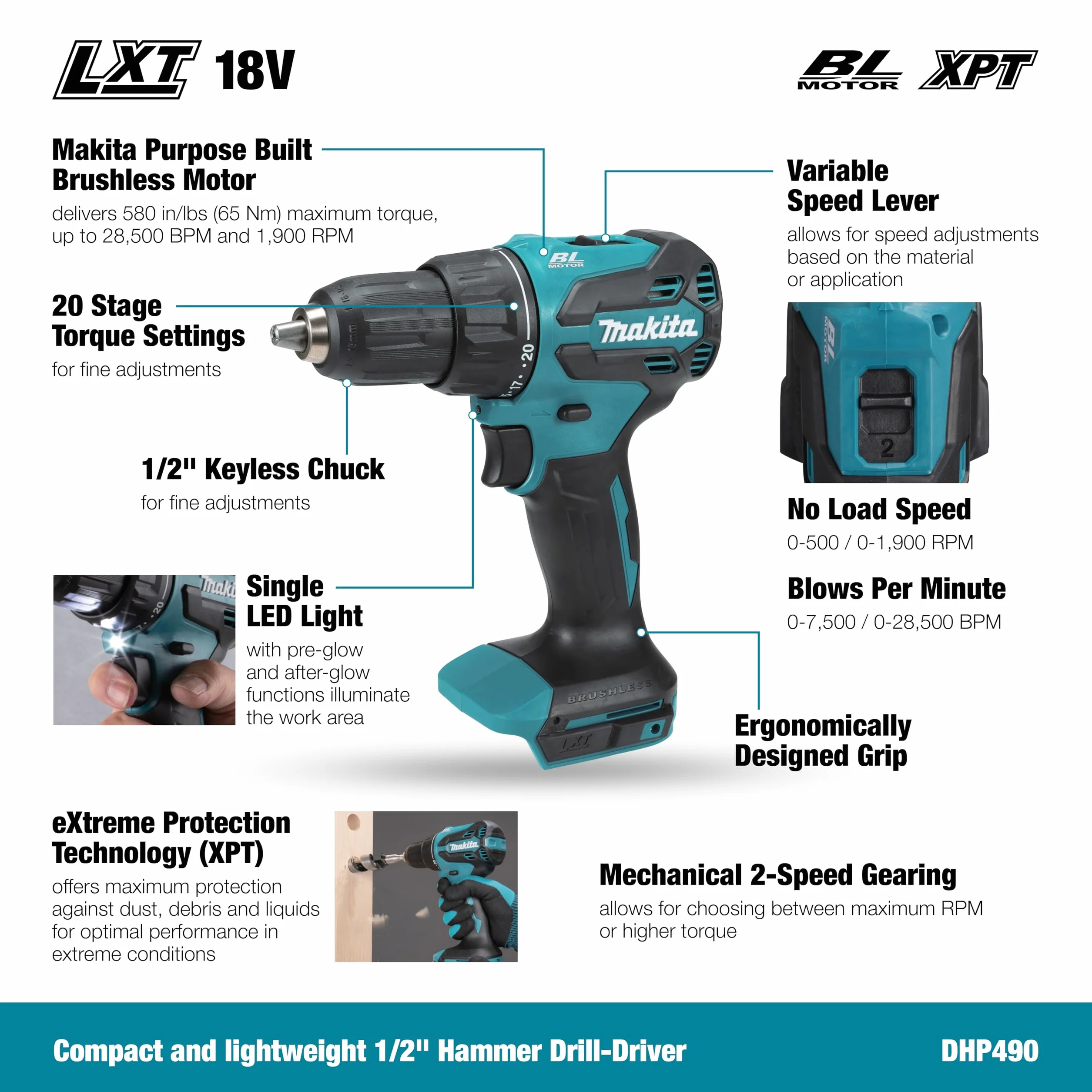 Makita DHP490Z - Taladro combinado sin escobillas LXT de iones de litio de 18 V, baterías y cargador no incluidos