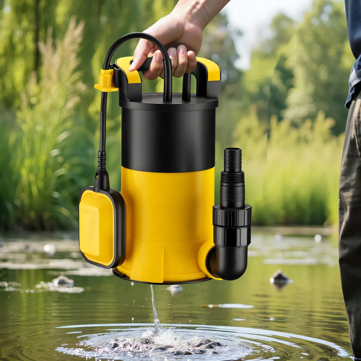 Wiltec Bomba sumergible 400W con flotador, caudal 8000 l/h, altura 5 m, nivel de aspiración 1 mm, anticorrosión para agua limpia