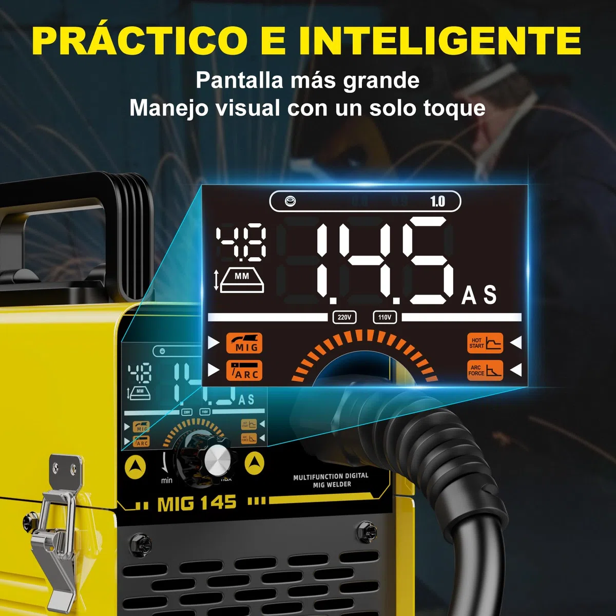 Haxiaoer 145A Soldador de Hilo Continuo Sin Gas 3 en 1 Máquina de Soldar MIG con ARC/Flux MIG/Lift TIG, Pantalla LED Digital Inteligente, Soldador Inversor Compacto