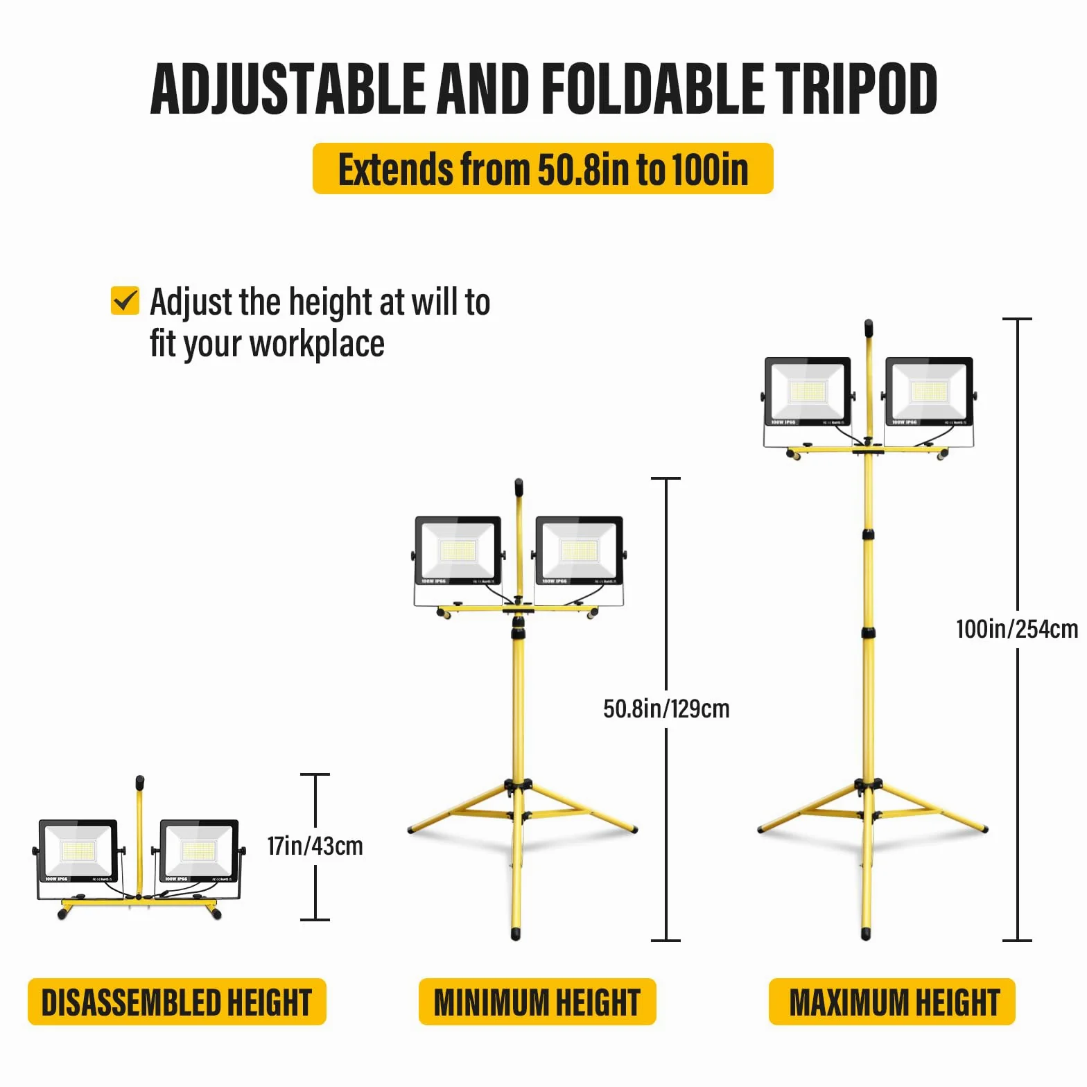 PICAA 200W(2 * 100W) Foco LED con Trípode Telescópico, 6000K Luz de Trabajo Portátil con Enchufe, Interior y Exterior Proyector Led para Taller, Obra de Construcción, Garaje, Jardín
