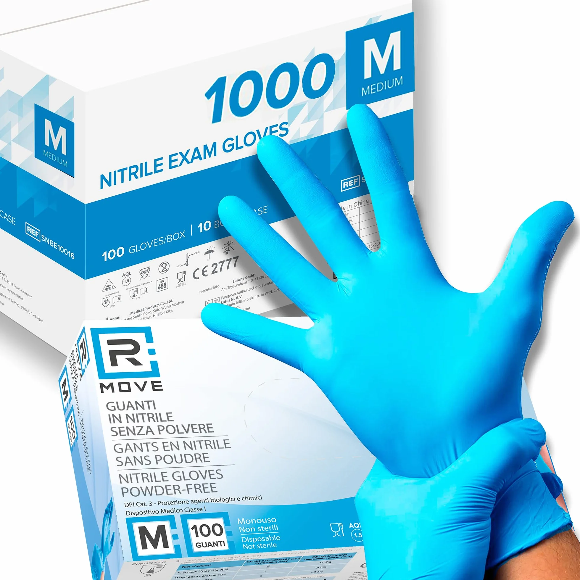 1000 guantes de nitrilo libres de polvo, sin látex, hipoalergénicos, certificados CE conforme a la norma EN455, guantes médicos desechables (talla M)