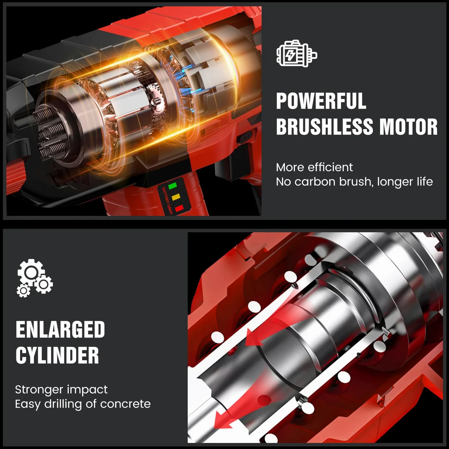 2026 Martillo Perforador a Baterías Actualizado, Martillo Percutor con 2 Baterías de Litio Portátiles (21 V), Motor sin Escobillas, 3 Funciones para Uso Doméstico y Profesional