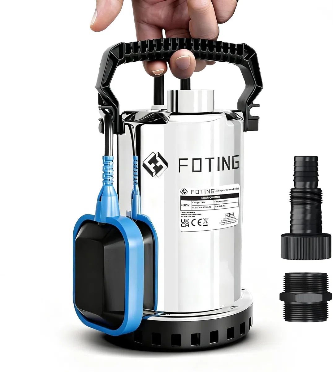 FOTING Bomba de agua Sumergible 400W, capacidad de 8.250 l/h, Altura máxima de suministro 7 m, inmersión máx. 7 m, interruptor de flotador, nivel mín. 7 mm, para jardín y depósitos