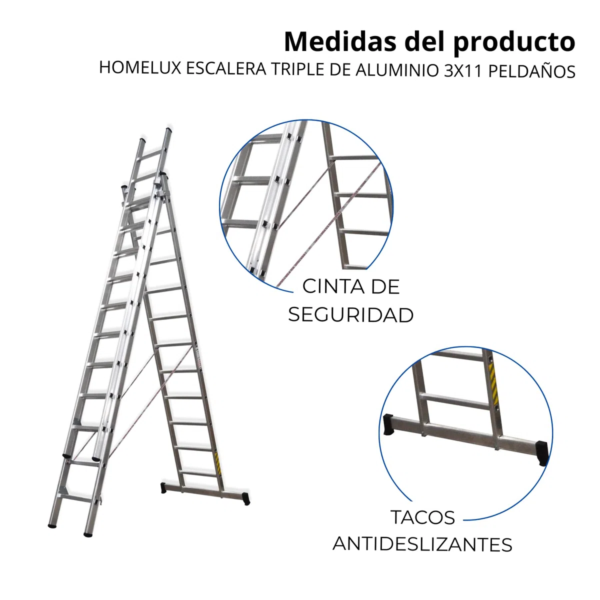 Homelux 825022 Escalera Aluminio Triple, 3 + 3 +3, 3 x 11 Peldaños, 18.5 kg