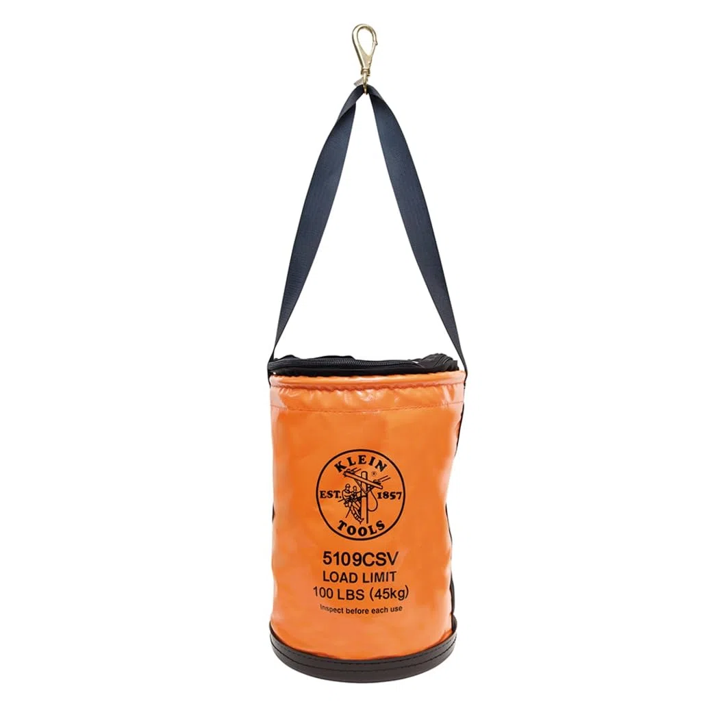 Klein Tools 5109CSV - Cubo de herramientas, cubo de vinilo de cierre superior con broche giratorio y mango de red, naranja, 30 cm, soporte de herramientas de carga nominal de 45 kg