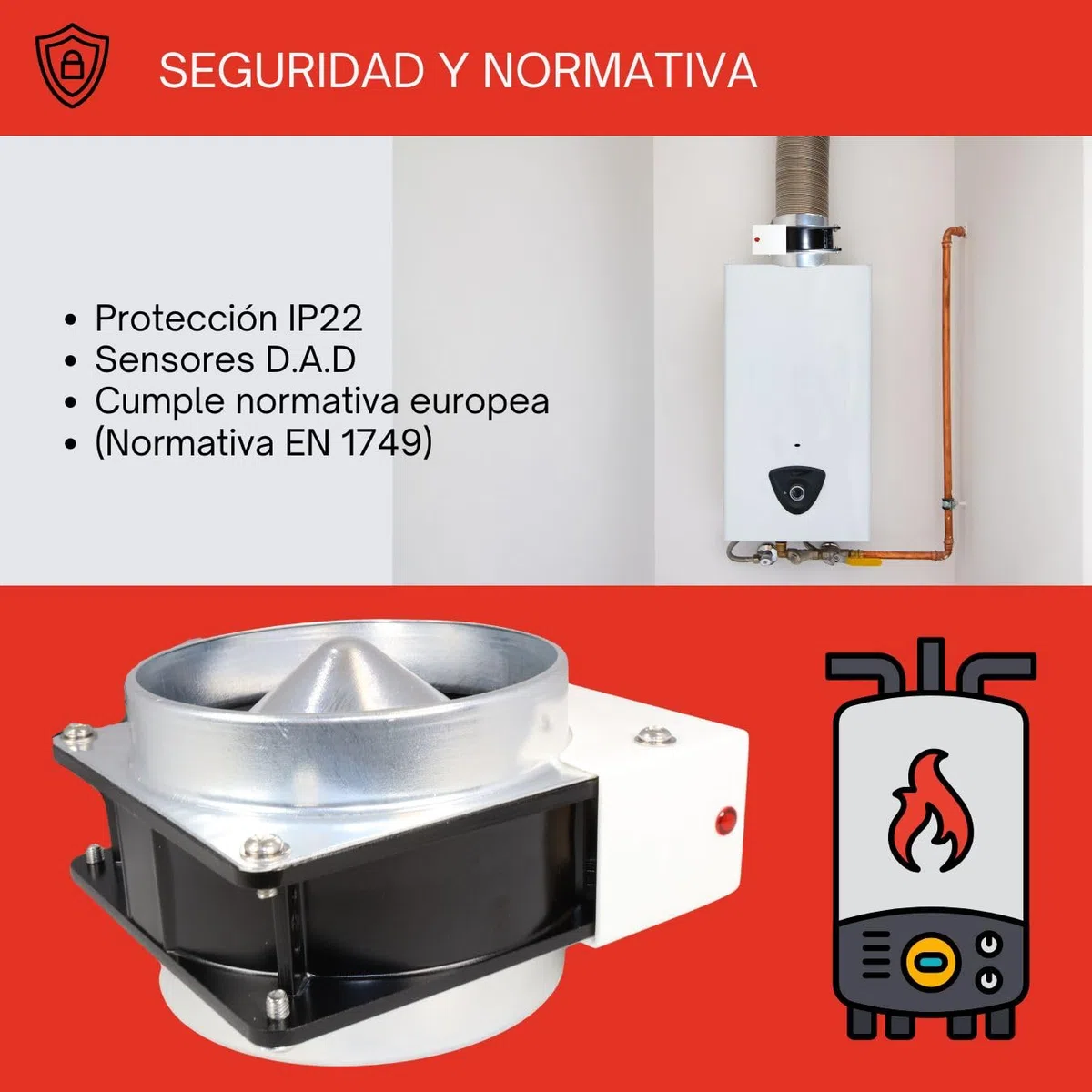 GOLDMAN SERVICE | Kit Evacuación de Humos para Calderas y Calentadores a Gas ACS | Ventilador Tiro Forzado con Deflector y Sensor de Seguridad | 19W 220V