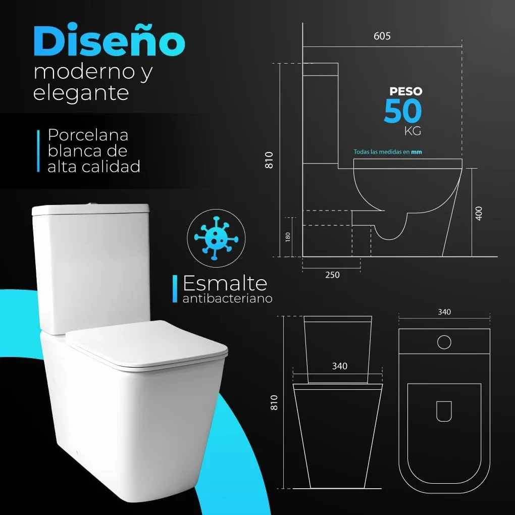 Inodoro Completo + Bidé a Juego. Incluye Cisterna y Tapa Amortiguada. Porcelana Blanca Esmaltada. Sistema Rimless Antibacterias