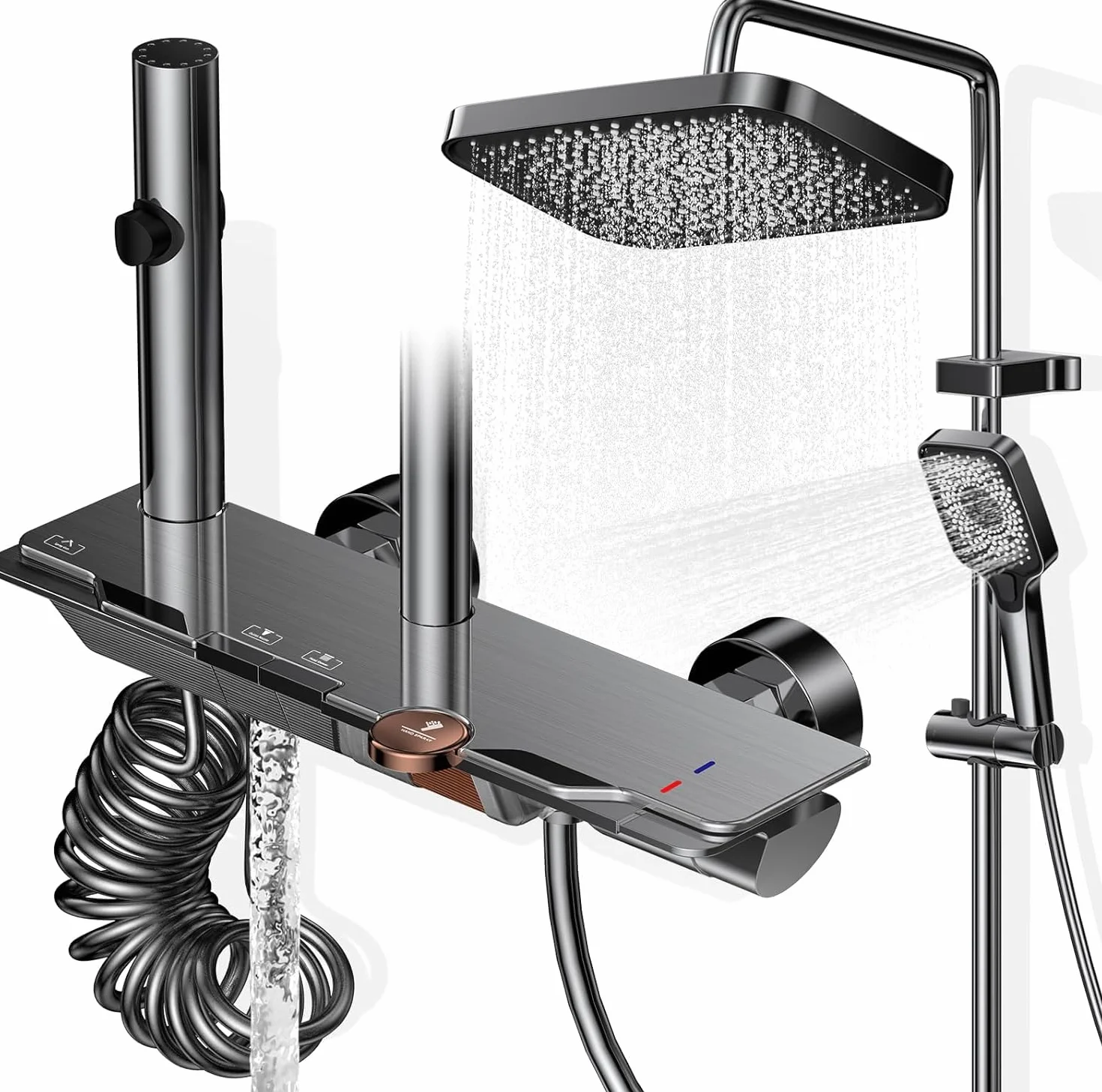 Columna Ducha con Grifo, Panel Control Piano 4 Modos y Altura Ajustable, Cabezal de Ducha XL estilo Lluvia, Ducha de Mano, Rociador auxiliar y Grifo Cascada, Grifo Ducha Termostatico Bañera