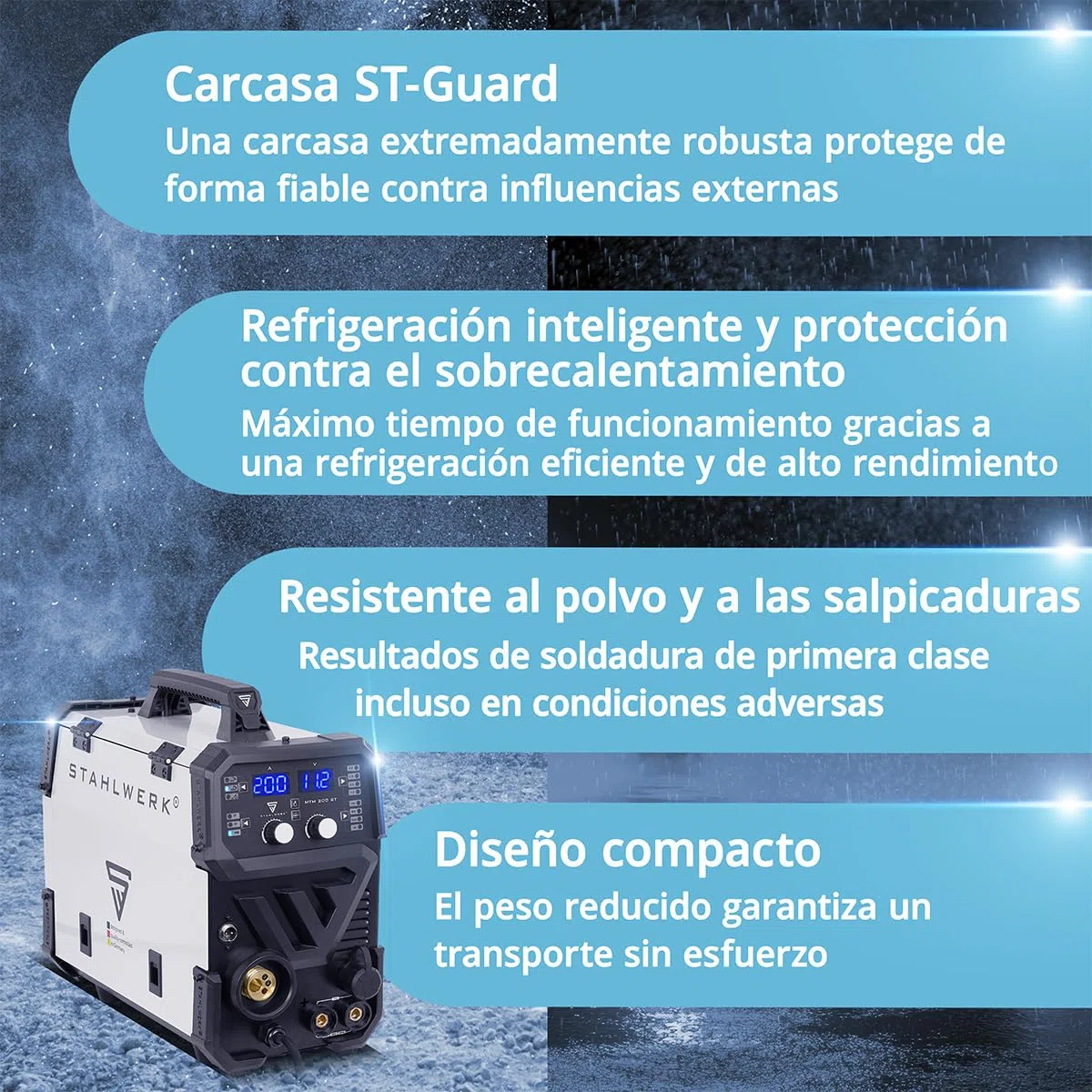 STAHLWERK Soldadora combinada 3 en 1 MTM-200 ST – Inverter combinado para TIG, MIG/MAG, MMA/Electrodo hasta 200 A, hilo sinérgico, 4 rodillos, encendido HF, apto para hilo hueco, acero, chapa fina