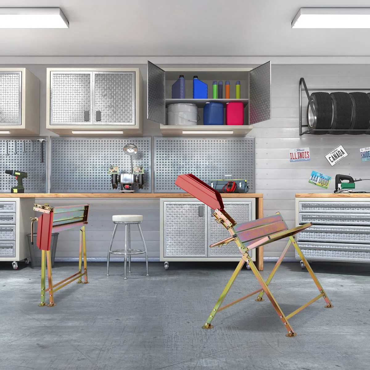Relaxdays Caballete Leña con Soporte para Motosierra, Banco Cortar Madera, hasta 120 kg, Metal, 86 x 88 x 73 cm, Dorado