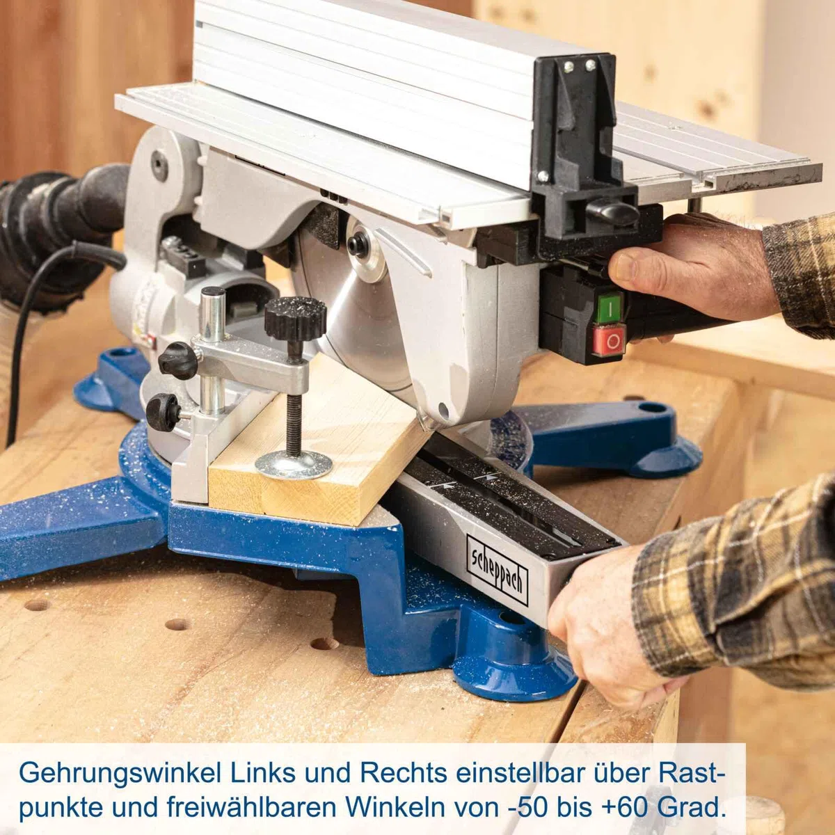 Scheppach 5901103901 ingletadora combinada con tapa de mesa, dos sierras en un solo dispositivo, versátiles, compacta, robusta y ligera, motor de 1800 W, 230 V, azul, plateado, negro