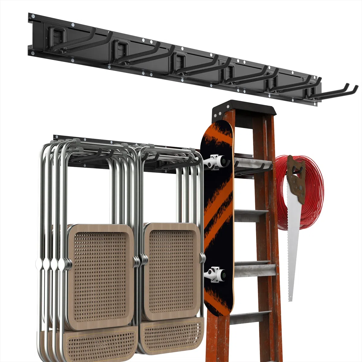 Housolution Juego de Ganchos Deslizables de Pared 121 cm, Soporte Colgador de Aleación de Aluminio y Acero con 6 Ganchos y 3 Rieles, Organizador para Guardar Herramientas de Garaje Jardín