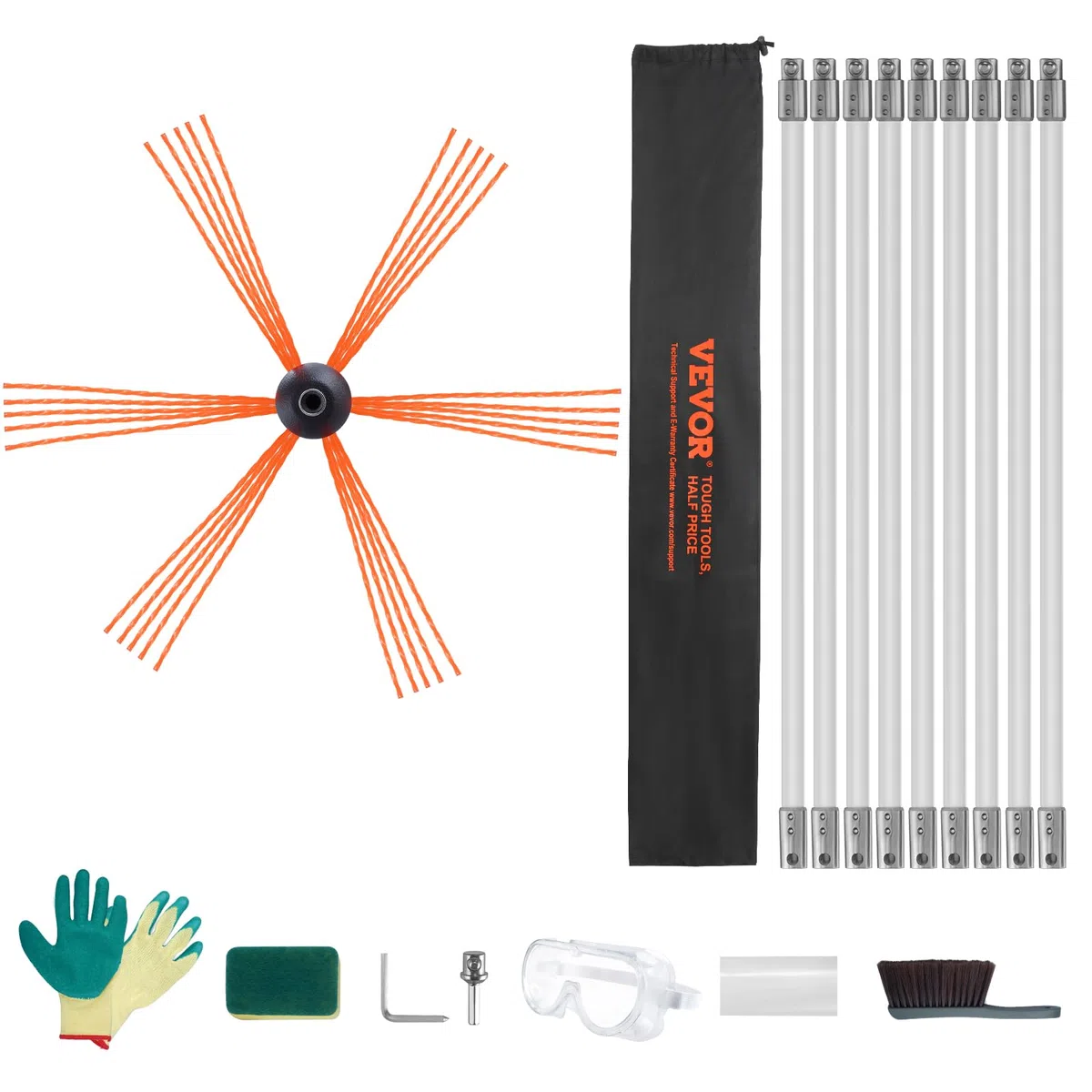 VEVOR Kit de Deshollinador de Chimeneas 9 m Cepillo de Limpieza de 360° con 9 Varillas Flexibles Nailon Accesorios para Conductos de Chimeneas Uso Doméstico Adecuado para la Mayoría de los Conductos