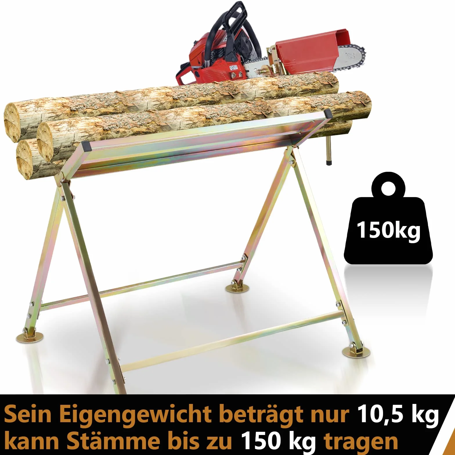 Sonnewelt Caballete de sierra plegable de madera con componentes galvanizados, para leña y motosierras, capacidad de carga hasta 150 kg, Dorado