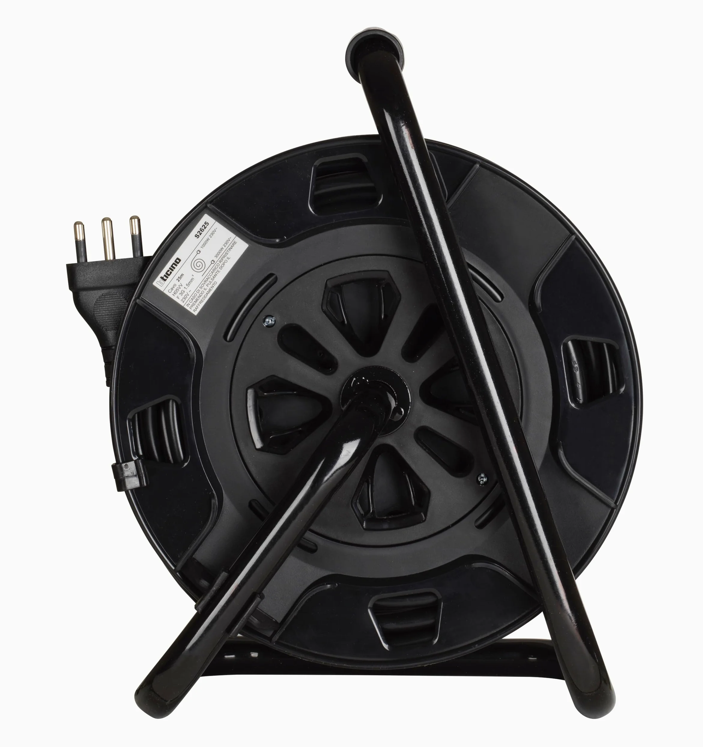 BTICINO Carrete de cable S2625 alargador eléctrico de 25 metros, 4 enchufes Schuko, bipolo, enchufe grande de 16 A, interruptor térmico, mango ergonómico, soporte de cable y carrete de cable, color