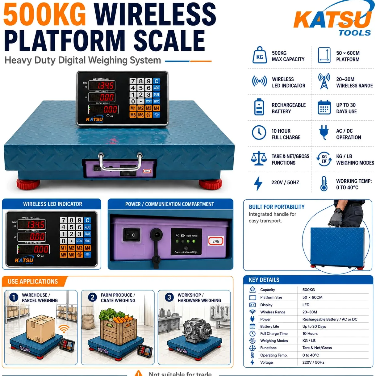 KATSU Balanza Industrial de Plataforma 500kg Electrónica Recargable Báscula Postal Digital con LED Pantalla y 50x60cm Plataforma de Acero a Prueba de Herrumbre para Envío de Paquetes Almacén