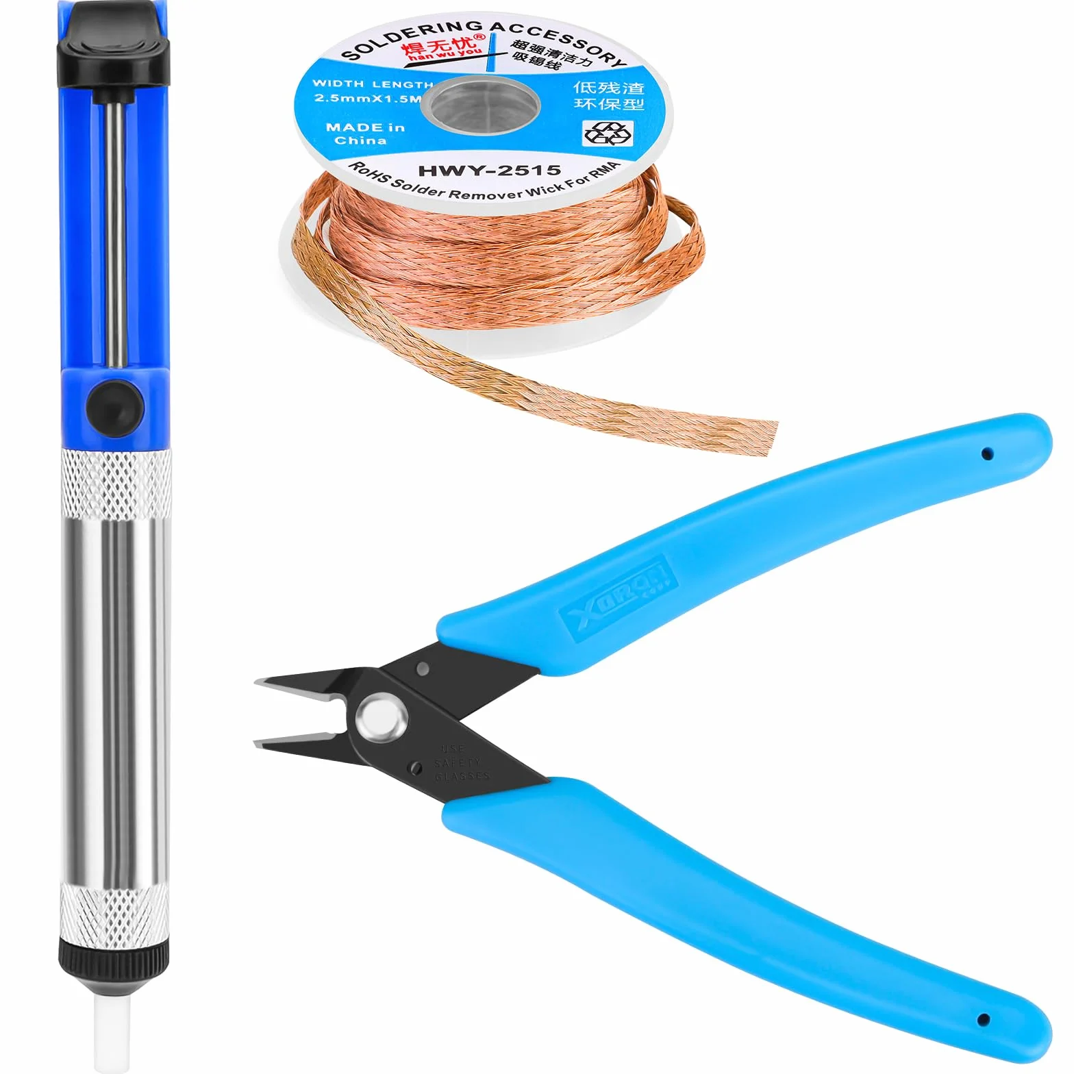 Bomba desoldadora con ventosa de soldadura, mecha de desoldadura, alicates cortadores de alambre de microcorte, juego de herramientas de extracción de soldadura, kit de accesorios de asistencia de