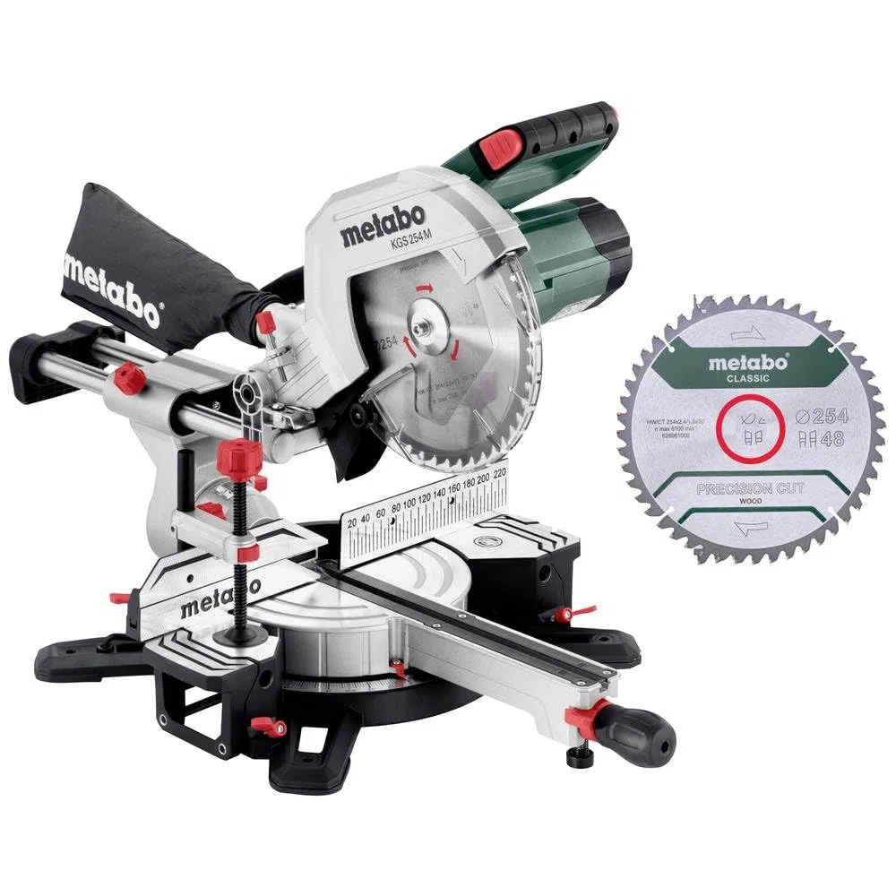 Metabo KGS 254 M - Sierra ingletadora tronzadora con precisión LED, 254 mm, hoja de carburo extra, función de tracción, cable 2 m