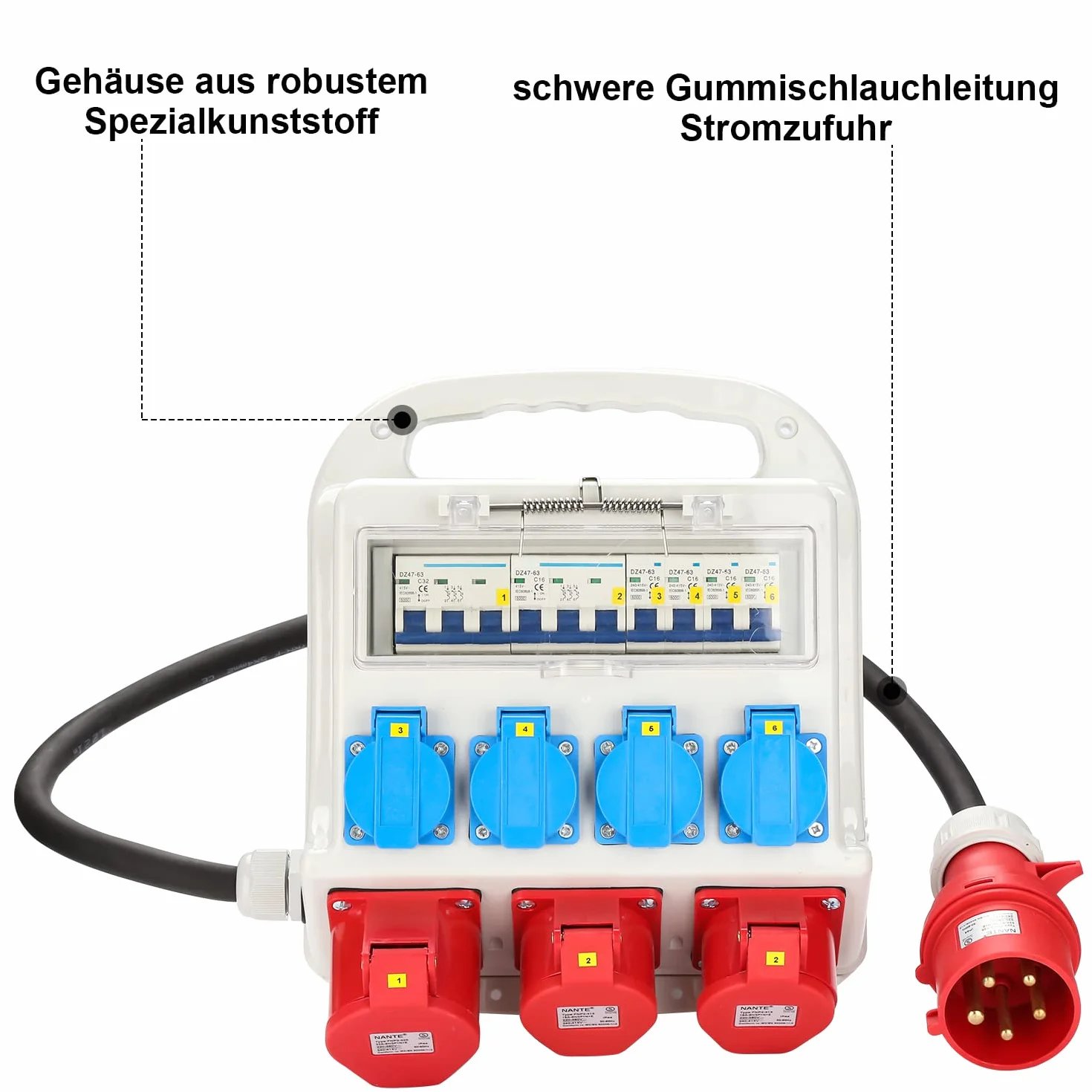 Distribuidor de pared, 2 x CEE 16A 400V+1 x CEE 32A 400V+4 x 230V Schuko IP44 Distribuidor de corriente de obra de 5 polos, cable de goma resistente alimentación, tomas de corriente