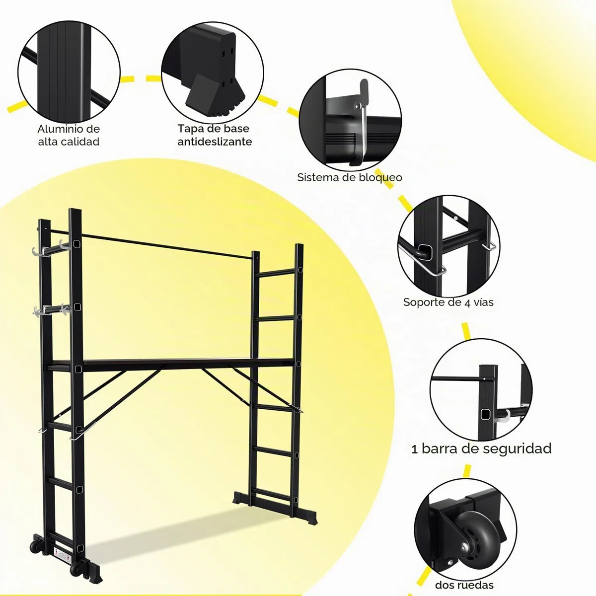 Fiqops Andamio de aluminio 4 en 1 máx. 276 cm, soporta hasta 150 kg, andamios versátiles, plataforma de trabajo móvil y 2 ruedas, escalera de andamio, andamio, 2 x 6 peldaños, color negro