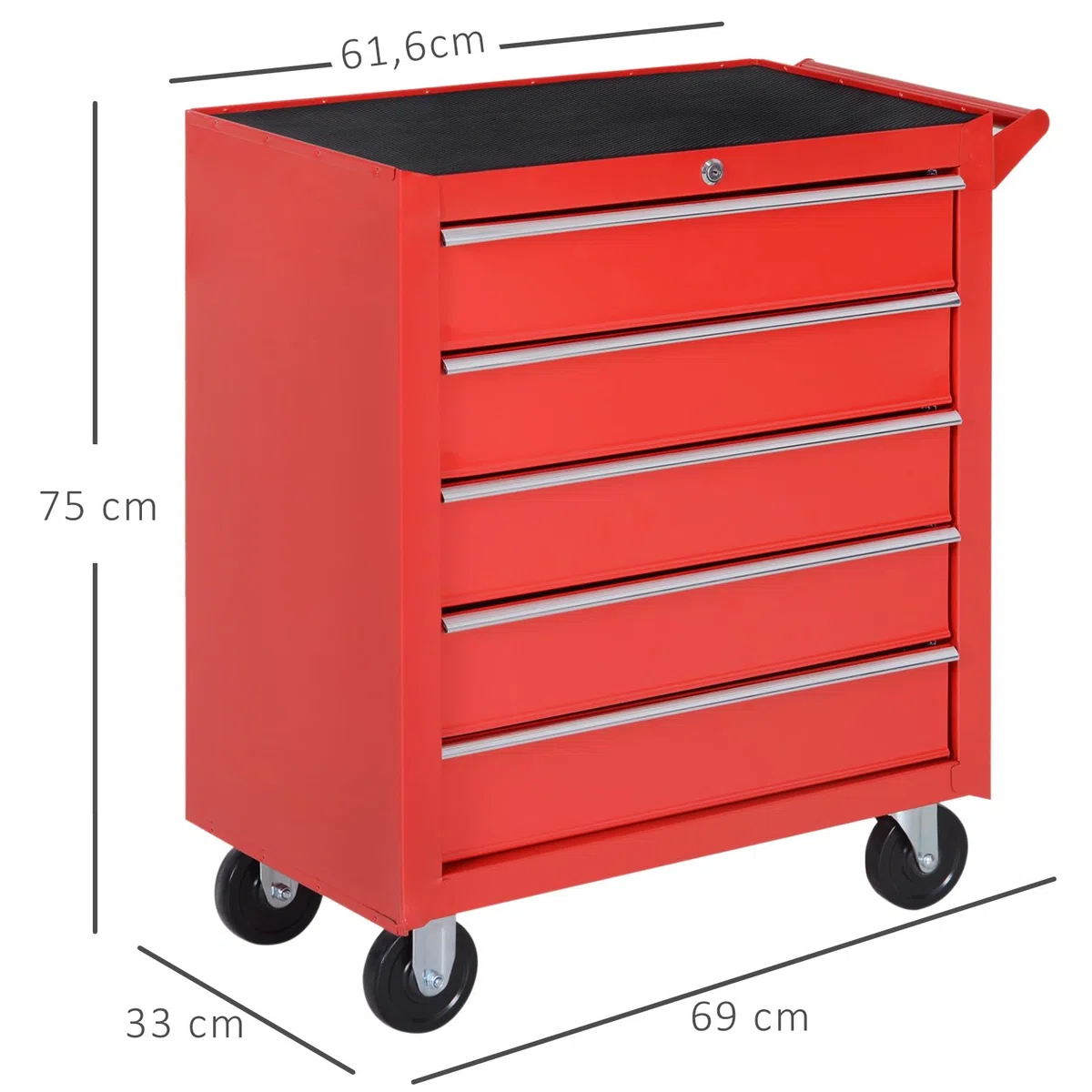 DURHAND Caja Taller Carro de Herramientas con Ruedas Cerradura Tipo Mueble de Almacenamiento para Taller Garaje y Hogar Chapa de Acero 69x33x75cm Rojo