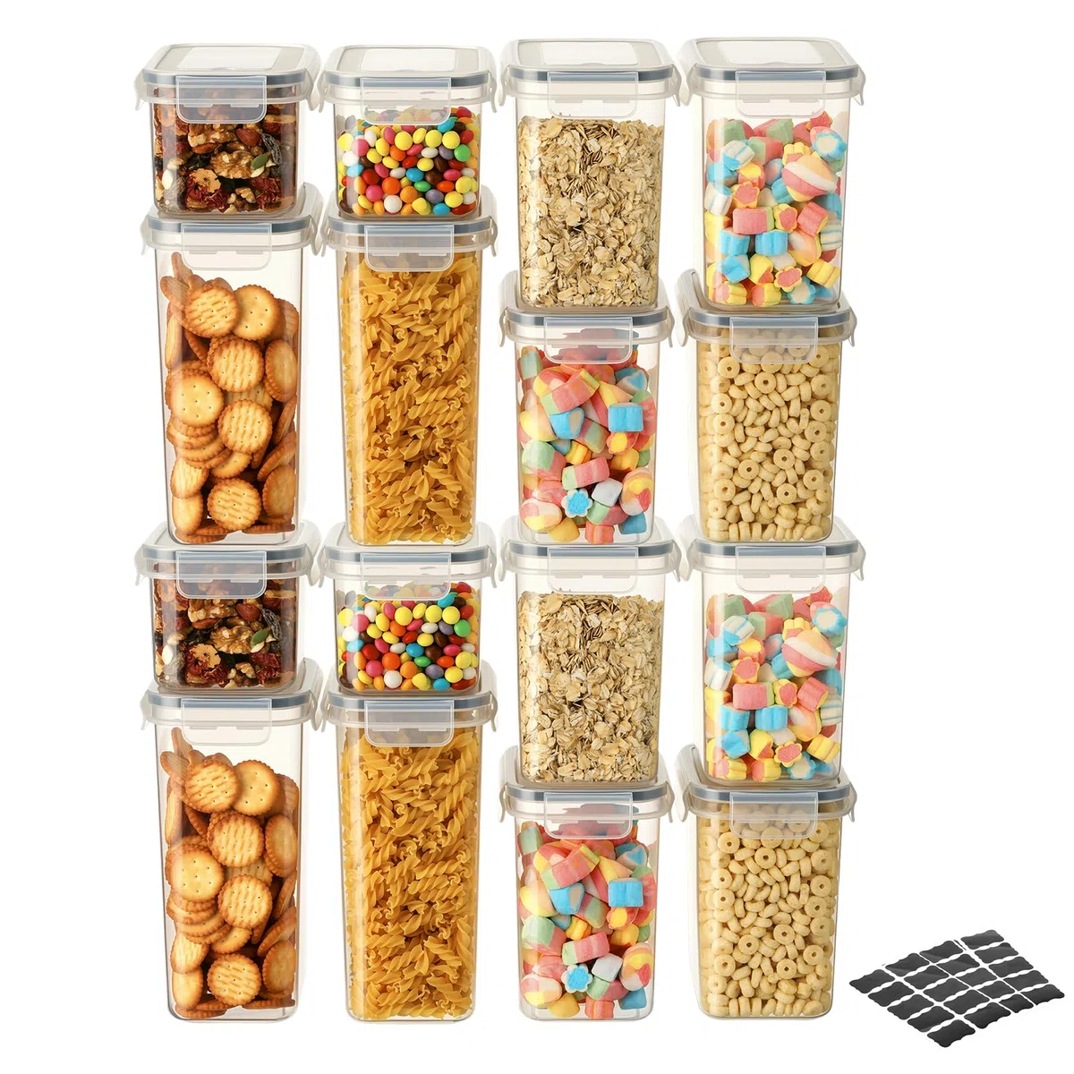 VINATO Juego de 16 Botes de Cocina Almacenaje, Recipientes Herméticos para Alimentos con Tapa, Organizador de Cocina para Pasta, Cereales y Harina, Apilables Sin BPA, +24 Etiquetas