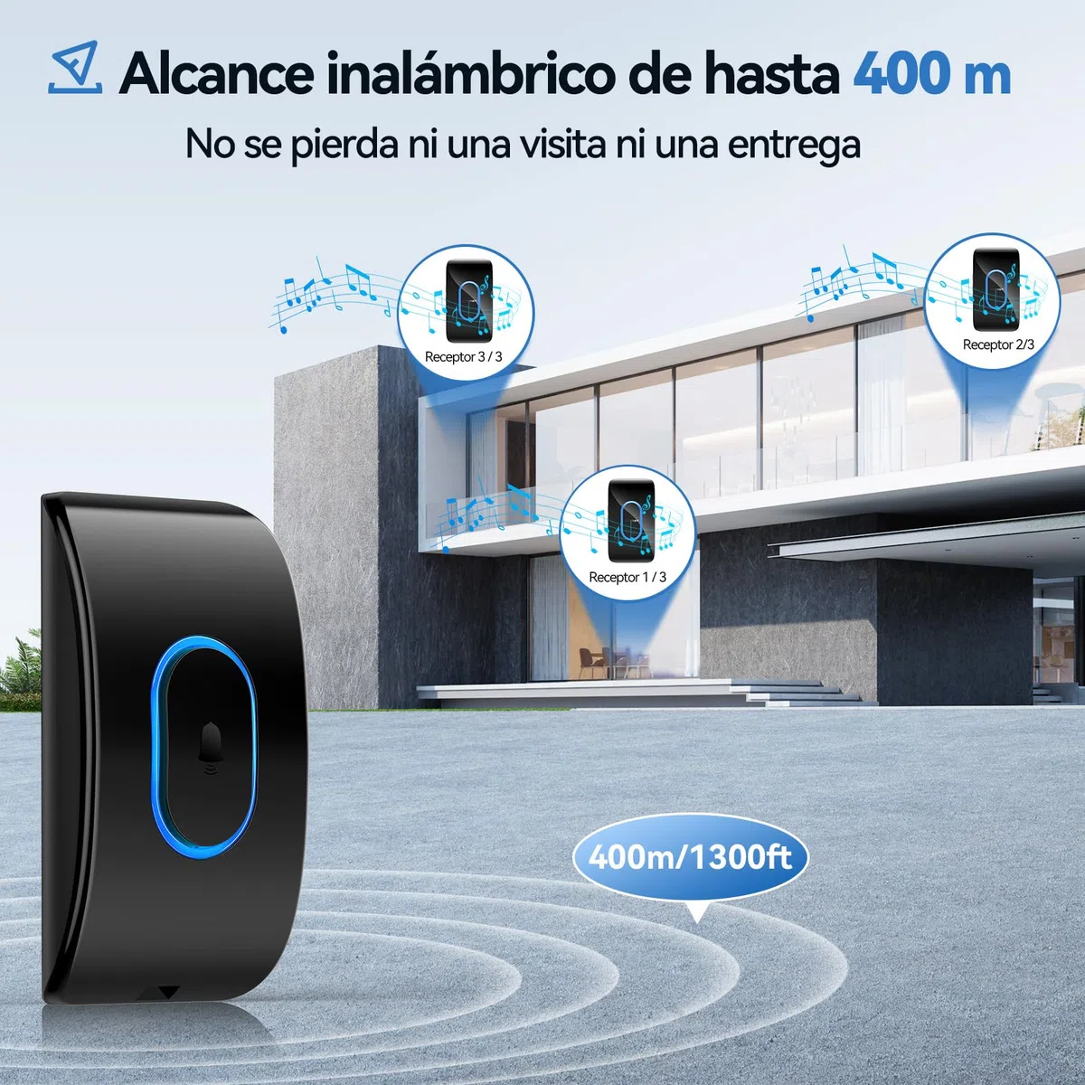 TECKNET Timbre Inalámbrico Exterior Impermeable con 3 Receptores Enchufables, IP65 Impermeable Doorbell 400M, 60 Melodías & 5 Niveles de Volumen, 3 Modos de Trabajo, Indicador LED, Negro