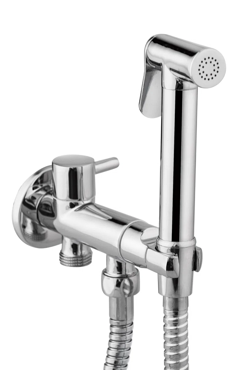 Grifo bidé visto Safe Stop 1 agua – Kit con teleducha, soporte y flexo 120 cm, conexión a la toma de la cisterna, doble salida (cisterna + bidé), cuerpo de latón cromado